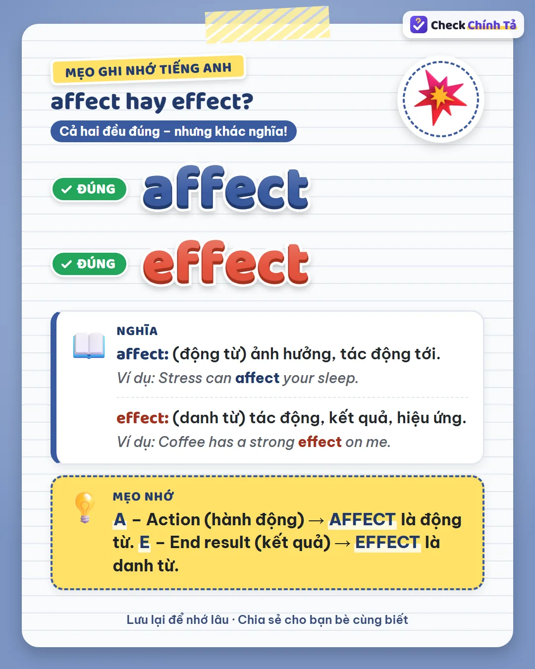 Mẹo ghi nhớ: A là Action nên affect là động từ; E là End result nên effect là danh từ.