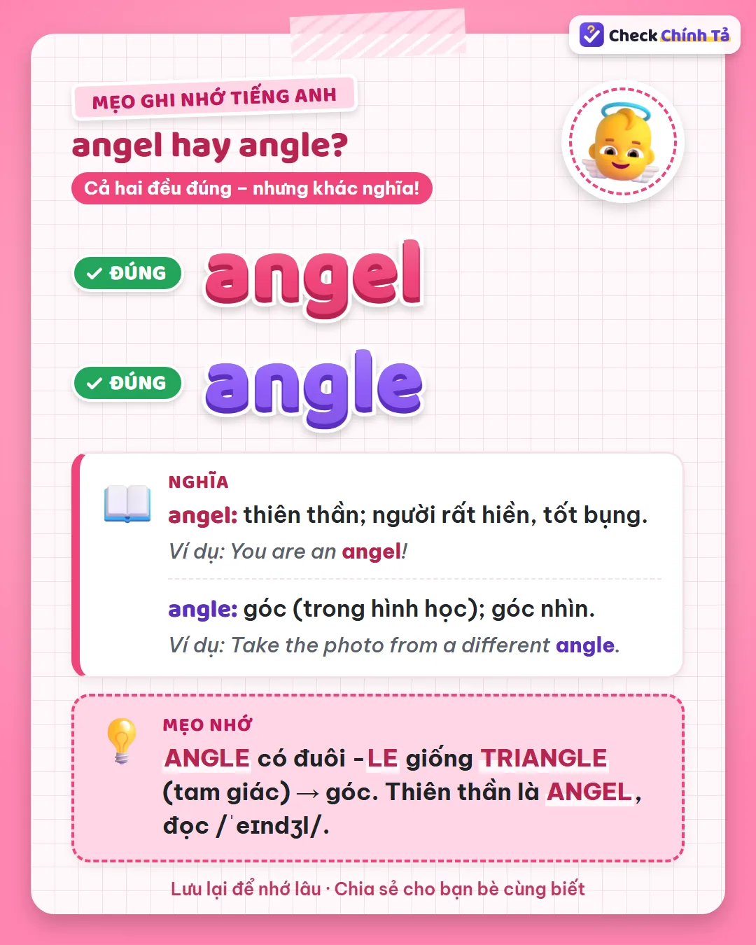 Mẹo ghi nhớ: angle có đuôi -le giống triangle nên là góc; thiên thần là angel.