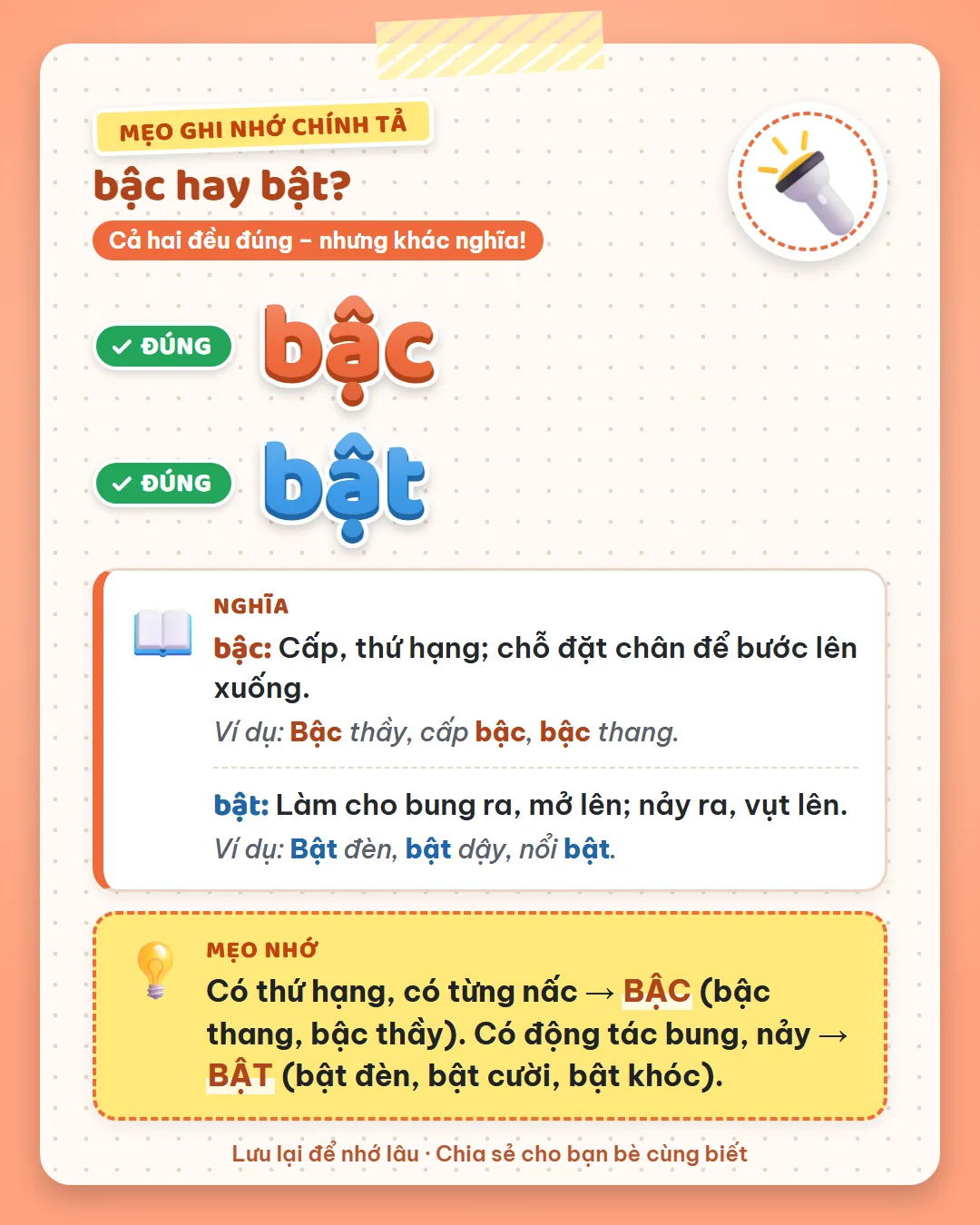 Mẹo ghi nhớ: có thứ hạng, có từng nấc là bậc (bậc thang, bậc thầy). Có động tác bung, nảy là bật.