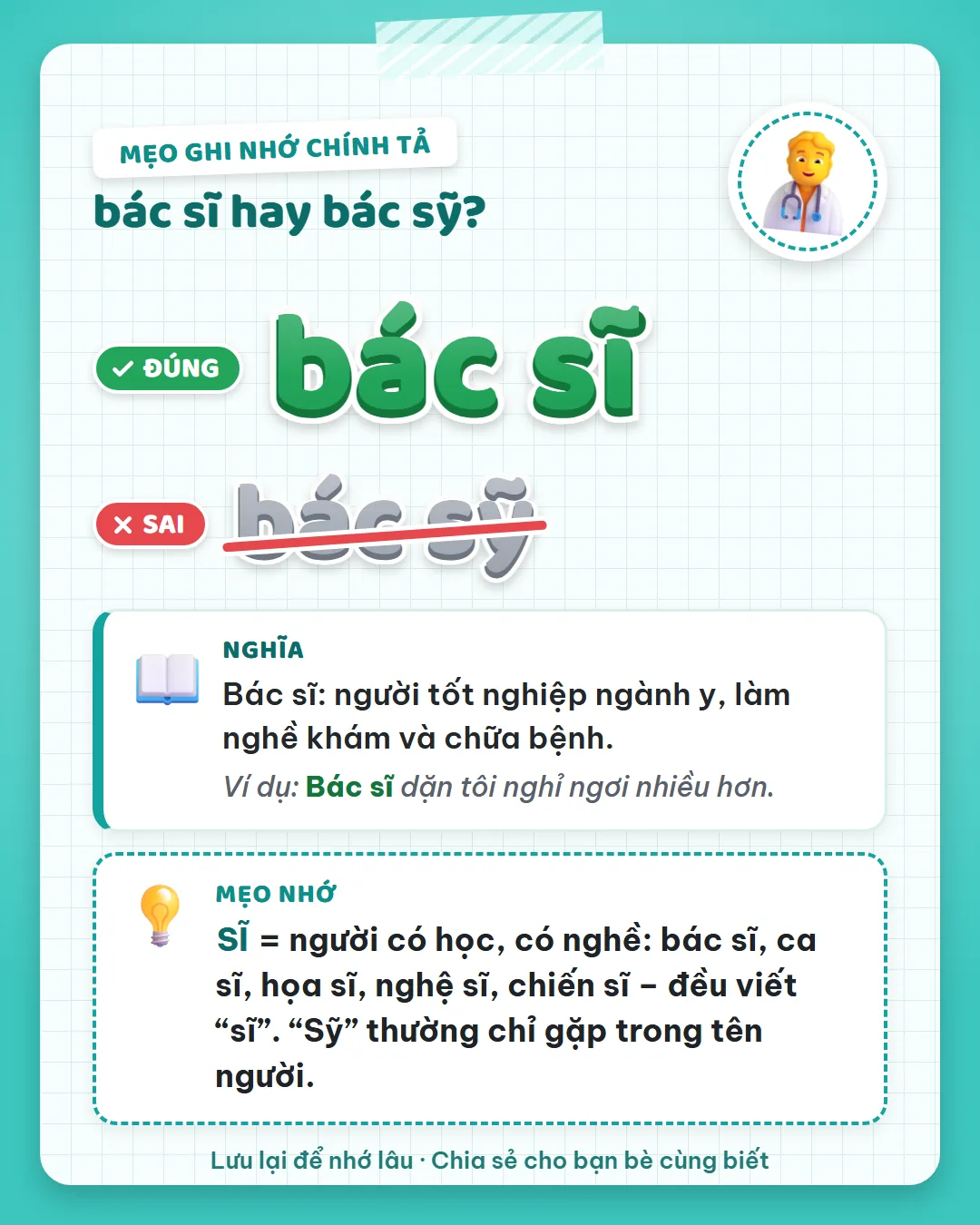 Mẹo ghi nhớ: sĩ là người có học, có nghề như bác sĩ, ca sĩ, nghệ sĩ, chiến sĩ. Sỹ thường chỉ gặp trong tên người.