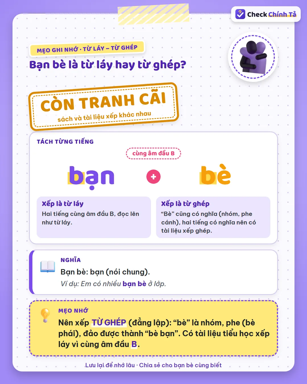 Mẹo ghi nhớ: “bè” là nhóm, phe (bè phái), đảo được thành “bè bạn” nên bạn bè là từ ghép đẳng lập.