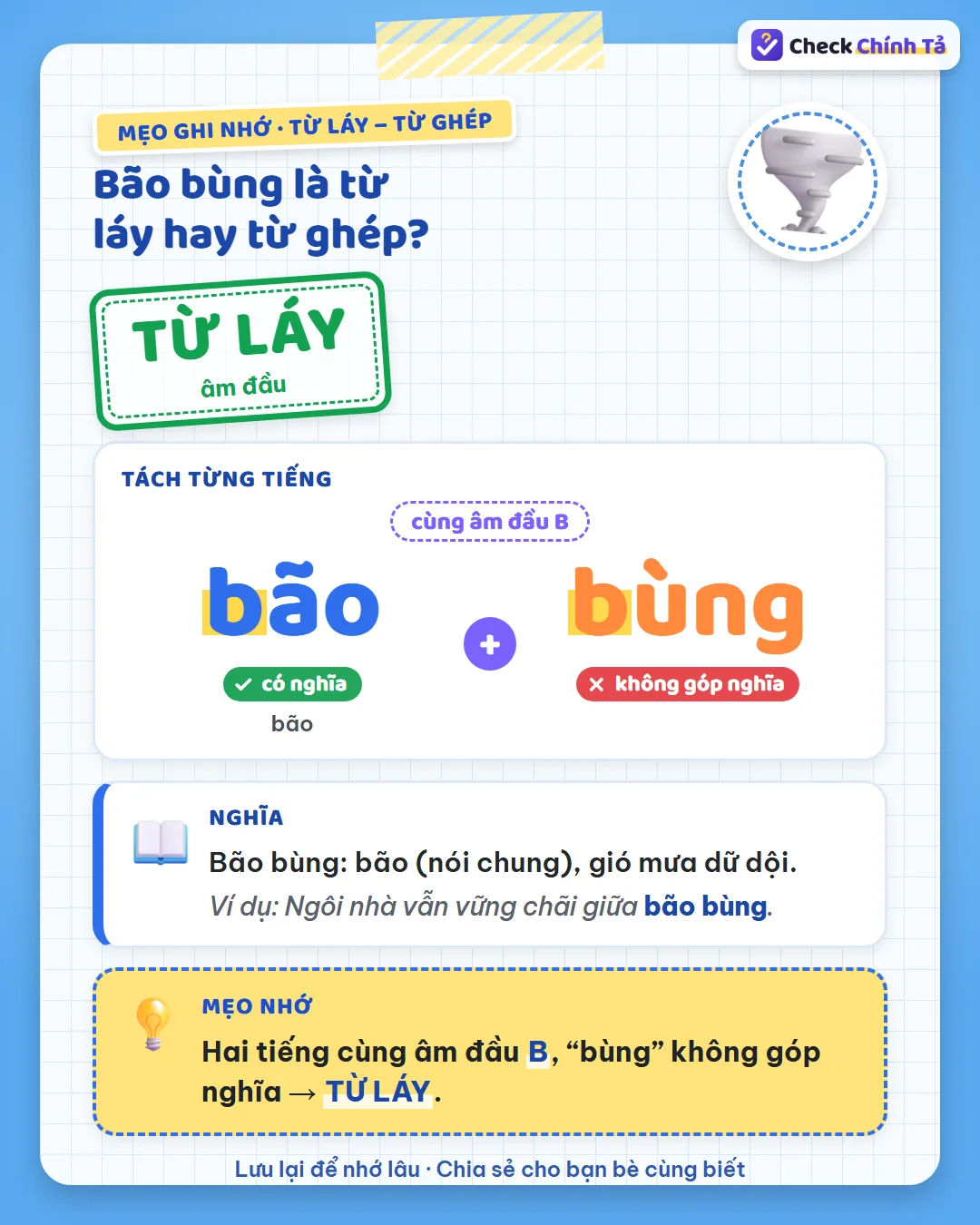 Mẹo ghi nhớ: bão bùng có hai tiếng cùng âm đầu B, “bùng” không góp nghĩa nên là từ láy âm đầu.