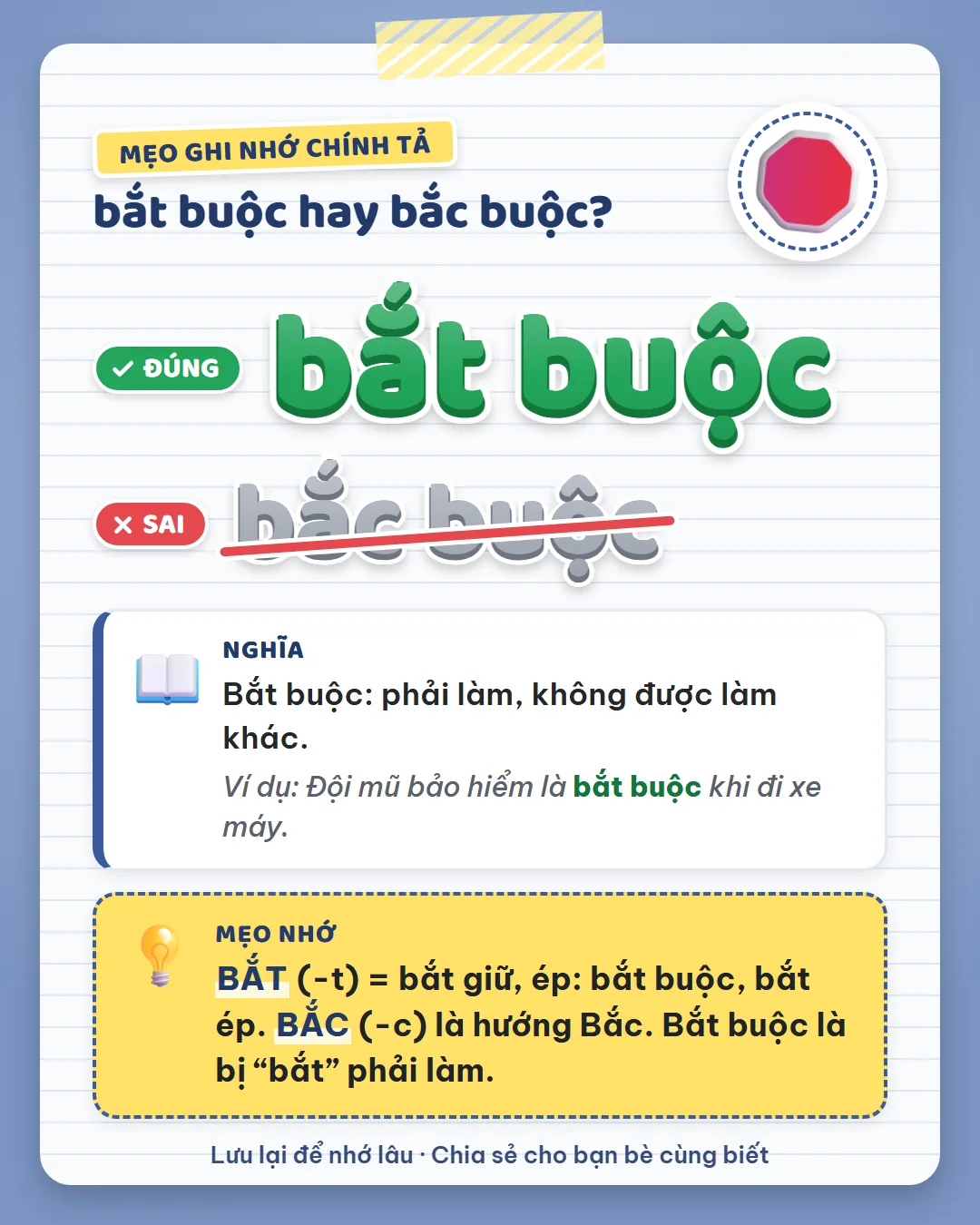 Mẹo ghi nhớ: bắt có T là bắt giữ, ép như bắt buộc, bắt ép. Bắc có C là hướng Bắc. Bắt buộc là bị bắt phải làm.