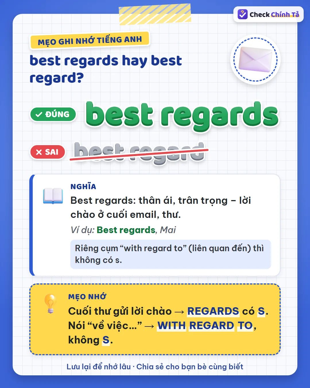 Mẹo ghi nhớ: cuối thư gửi lời chào thì regards có s; nói “về việc” là with regard to, không s.