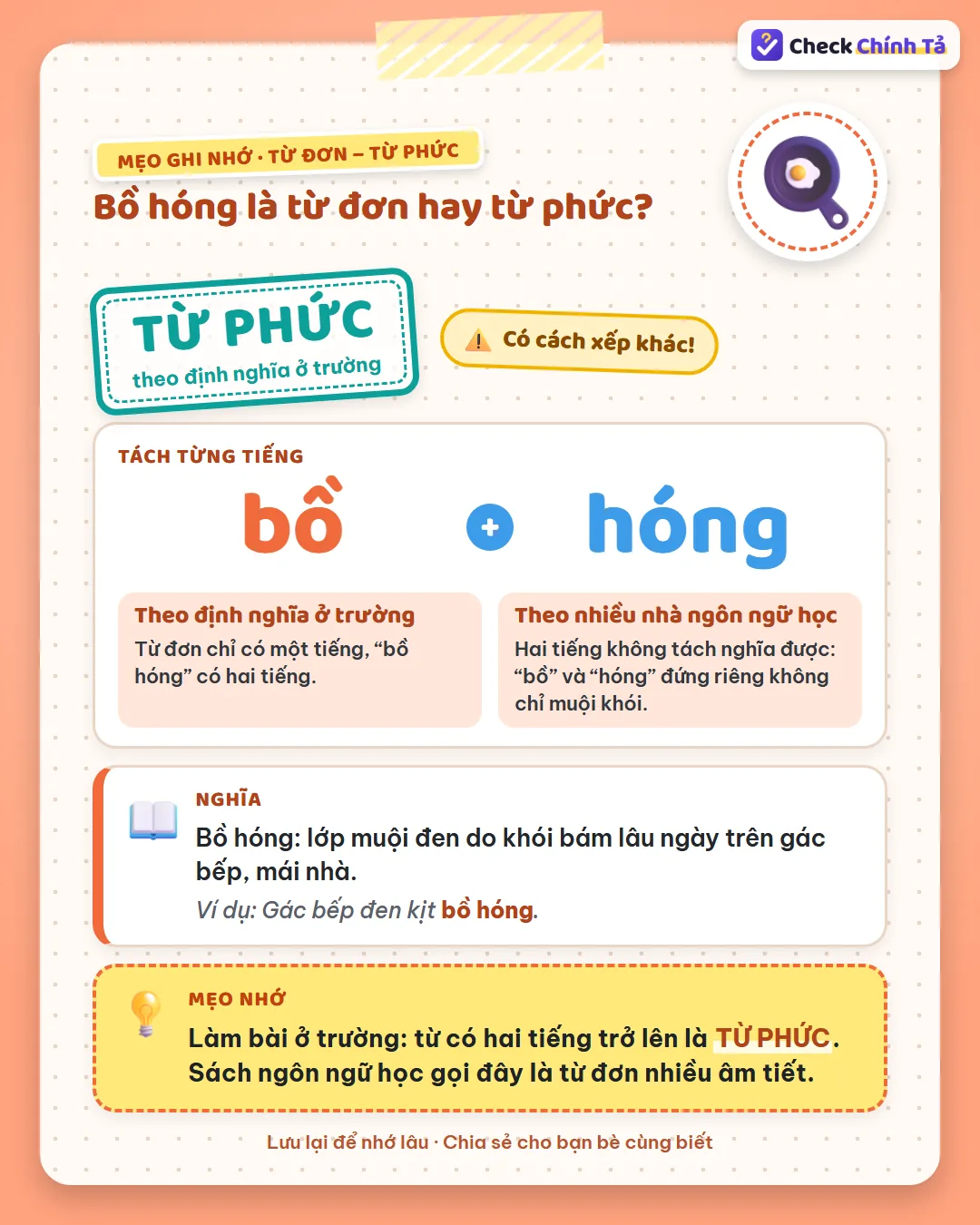 Mẹo ghi nhớ: bồ hóng có hai tiếng nên ở trường là từ phức; sách ngôn ngữ học gọi là từ đơn nhiều âm tiết.
