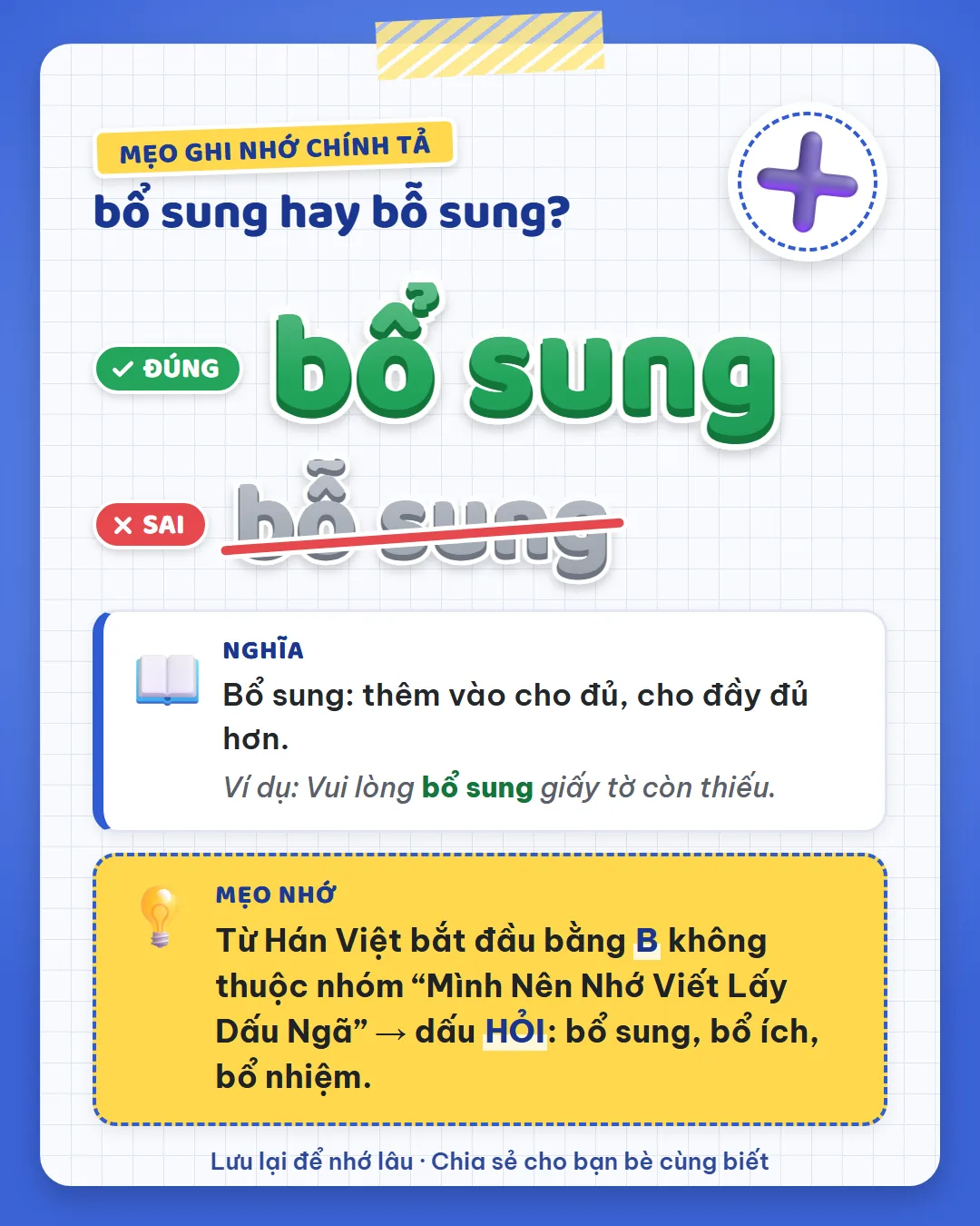 Mẹo ghi nhớ: Hán Việt bắt đầu bằng B không thuộc nhóm M, N, NH, V, L, D, NG nên dấu hỏi: bổ sung, bổ ích, bổ nhiệm.