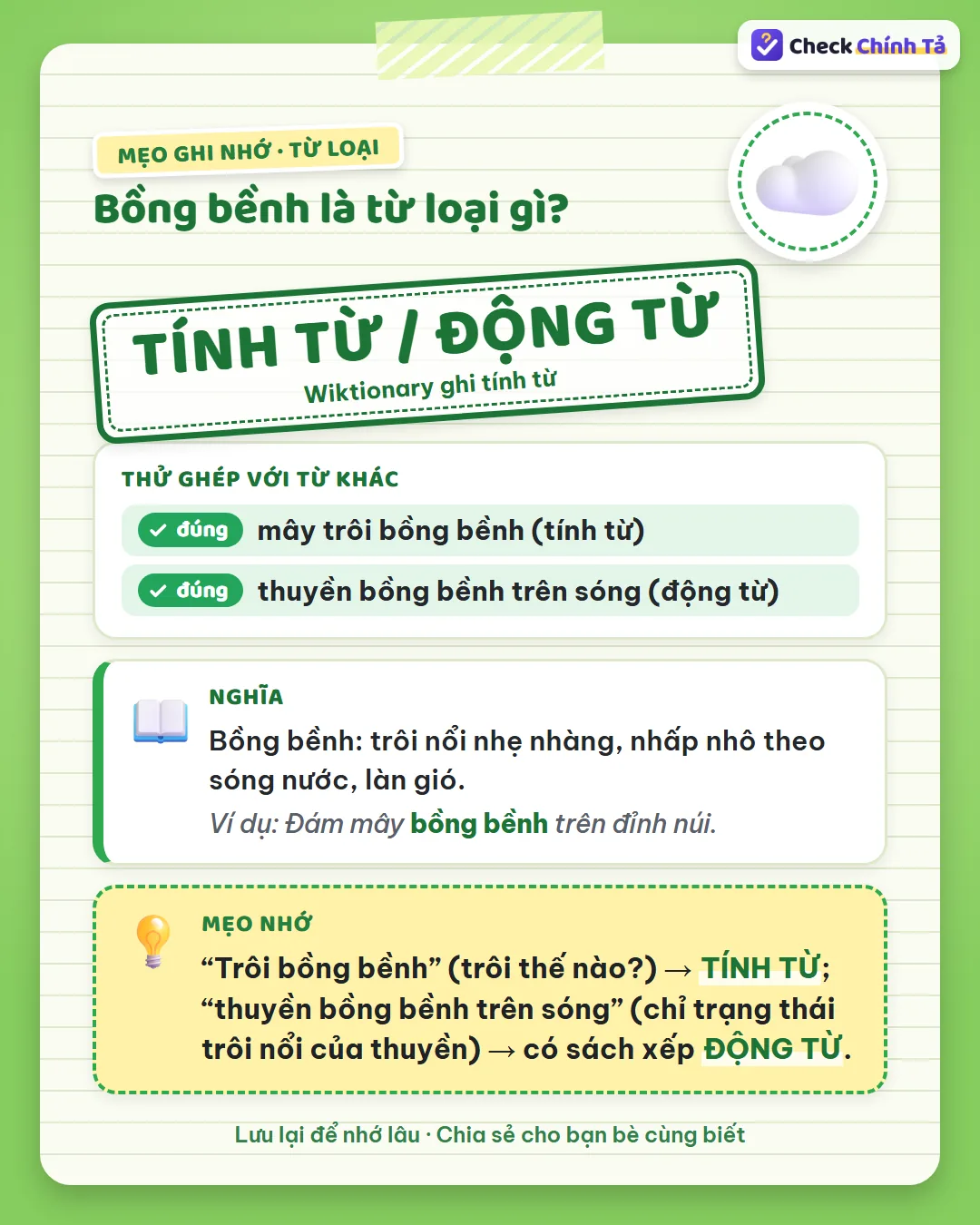 Mẹo ghi nhớ: “trôi bồng bềnh” (trôi thế nào?) là tính từ; “thuyền bồng bềnh trên sóng” có sách xếp động từ.