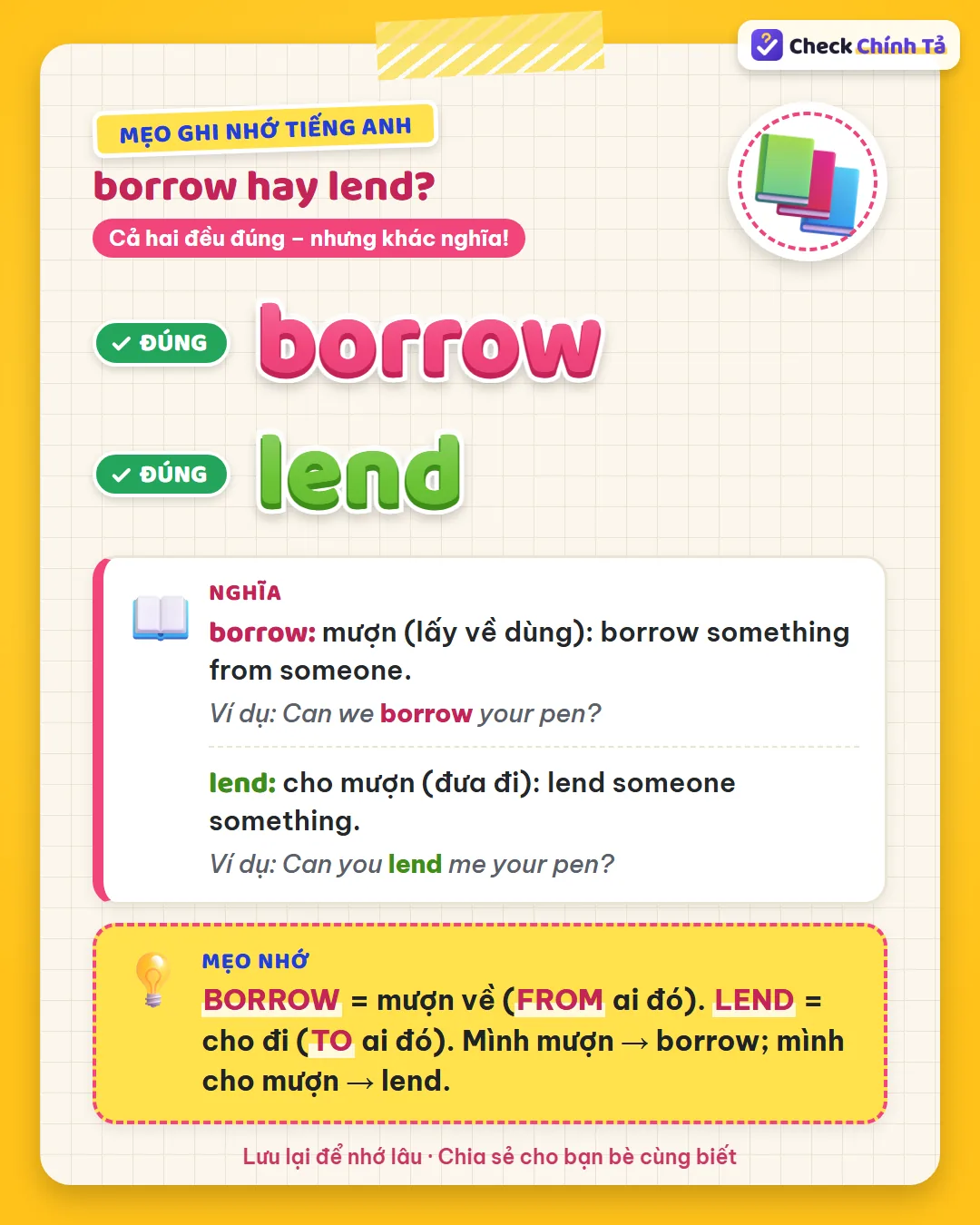 Mẹo ghi nhớ: borrow là mượn về (from ai đó), lend là cho đi (to ai đó); mình mượn borrow, mình cho mượn lend.