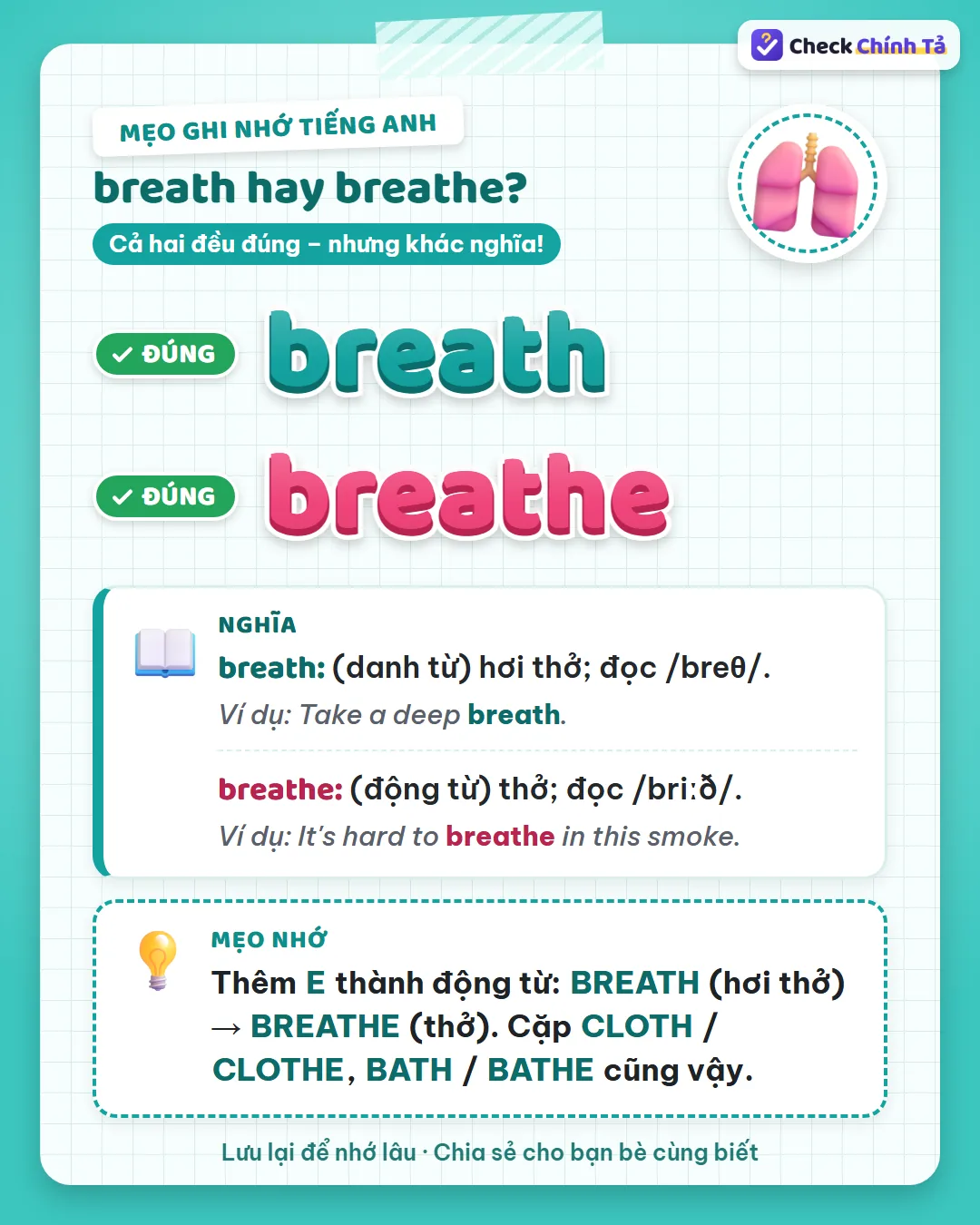 Mẹo ghi nhớ: thêm E thành động từ, breath là hơi thở, breathe là thở, giống cloth / clothe.