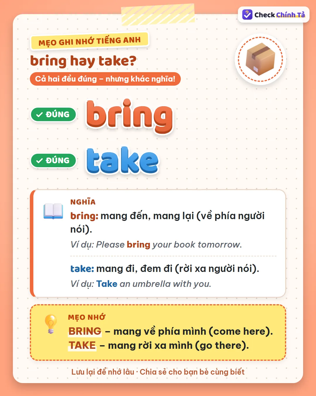 Mẹo ghi nhớ: bring là mang về phía mình (come here); take là mang rời xa mình (go there).
