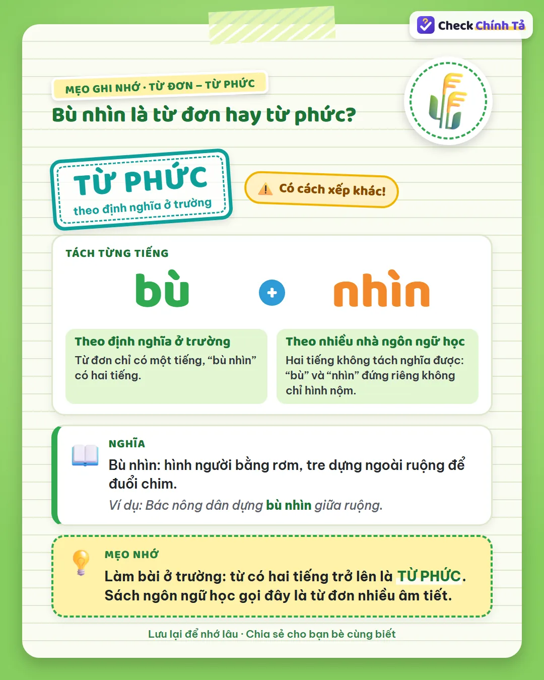 Mẹo ghi nhớ: bù nhìn có hai tiếng nên ở trường là từ phức; “bù”, “nhìn” không góp nghĩa nên không phải từ ghép.