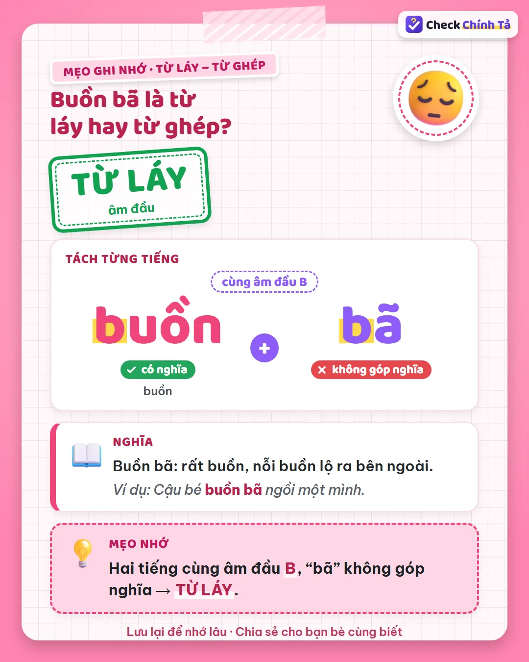 Mẹo ghi nhớ: buồn bã có hai tiếng cùng âm đầu B, “bã” không góp nghĩa nên là từ láy.