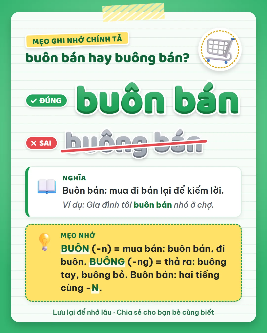 Mẹo ghi nhớ: buôn có N là mua bán như buôn bán, đi buôn. Buông có NG là thả ra như buông tay, buông bỏ.