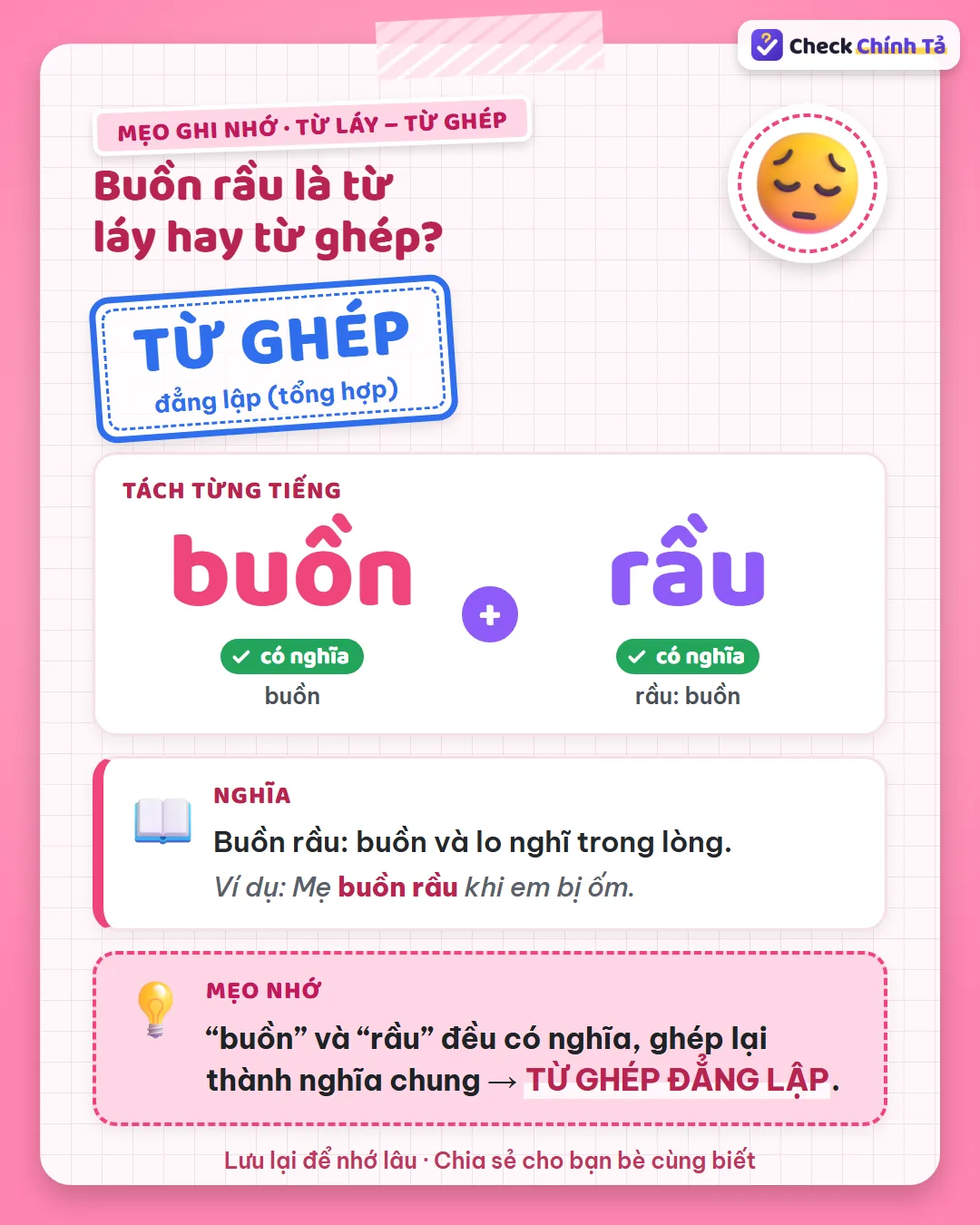 Mẹo ghi nhớ: “buồn” và “rầu” (cũng là buồn) đều có nghĩa nên buồn rầu là từ ghép đẳng lập.