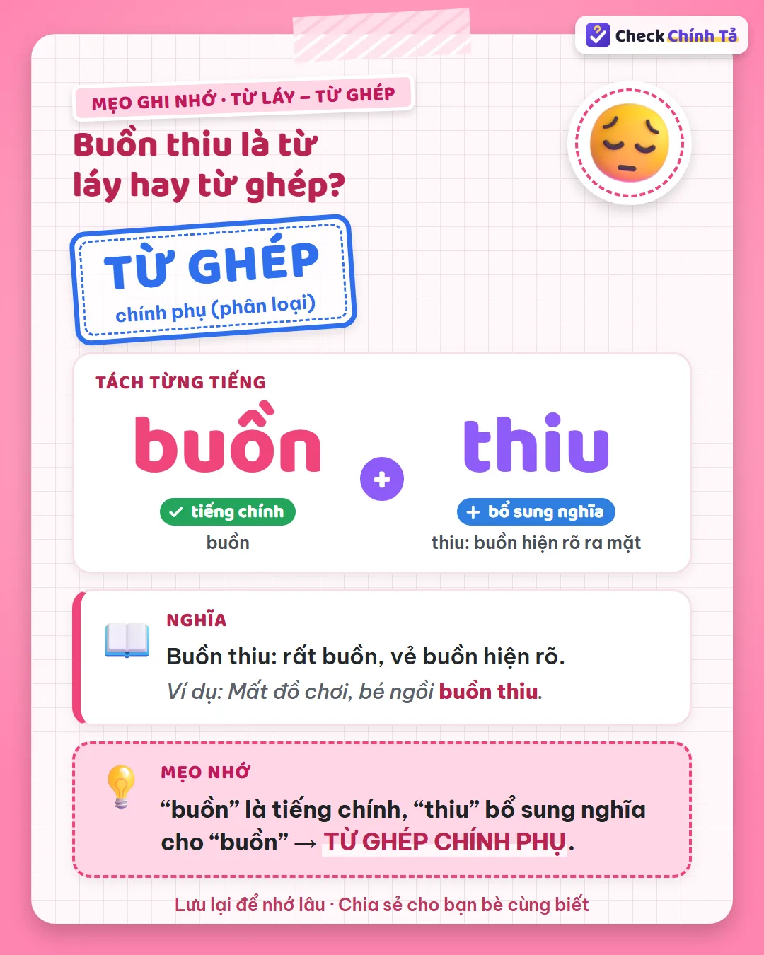 Mẹo ghi nhớ: “buồn” là tiếng chính, “thiu” bổ sung nghĩa (buồn hiện rõ ra mặt) nên buồn thiu là từ ghép chính phụ.