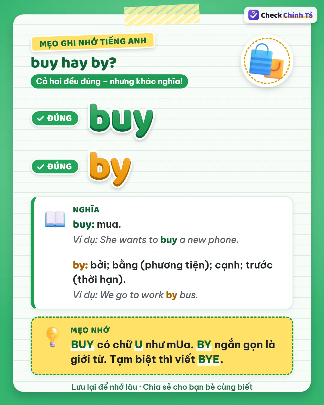 Mẹo ghi nhớ: buy có chữ U như mUa; by ngắn gọn là giới từ; tạm biệt thì viết bye.