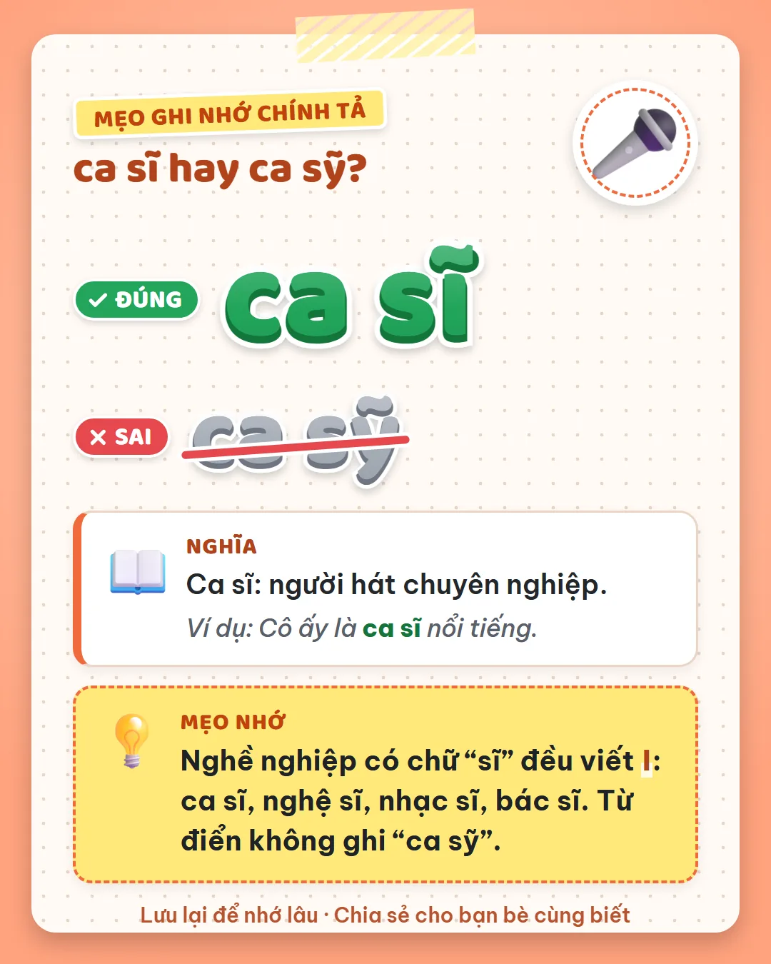 Mẹo ghi nhớ: nghề nghiệp có chữ sĩ đều viết I: ca sĩ, nghệ sĩ, nhạc sĩ, bác sĩ. Từ điển không ghi ca sỹ.