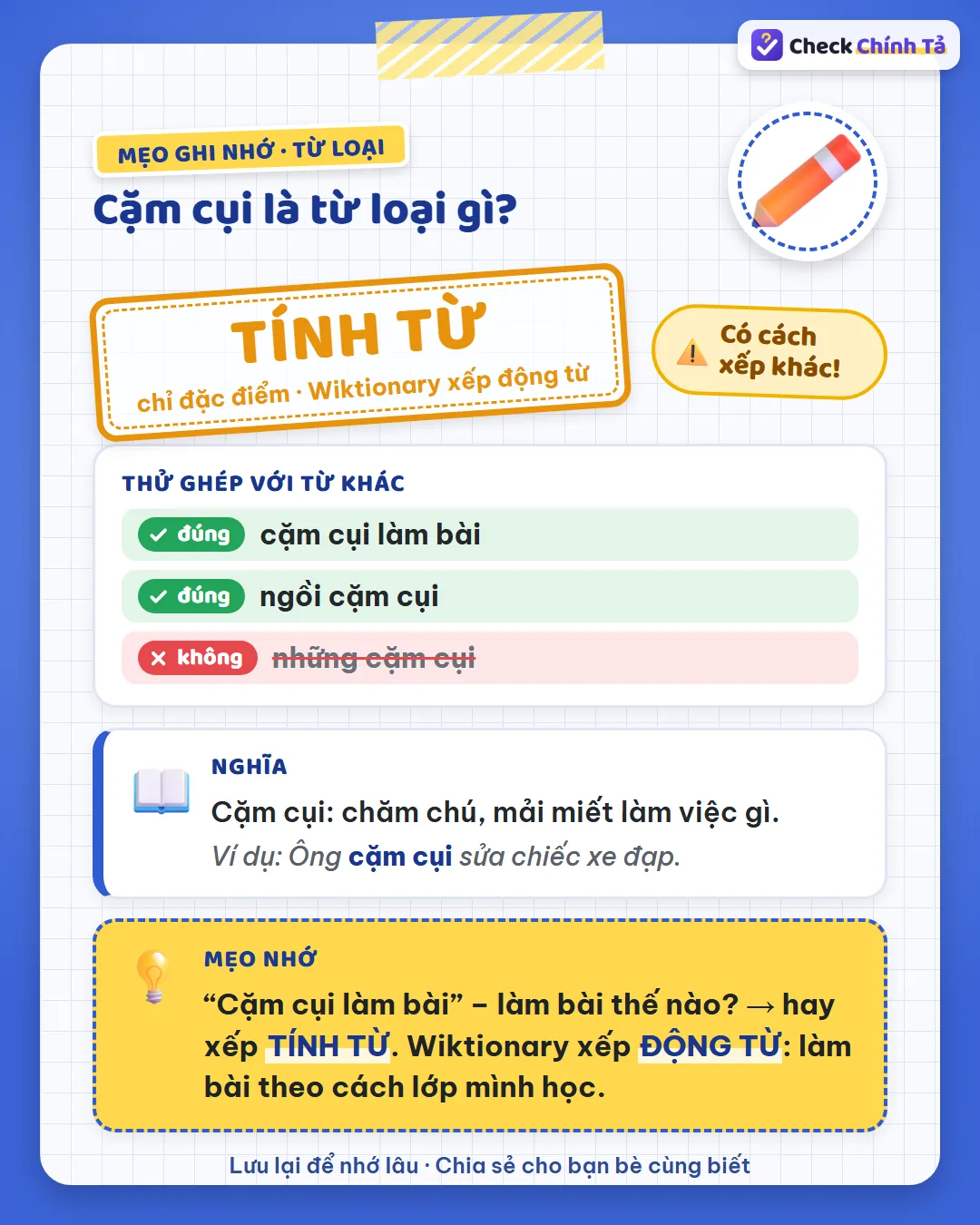Mẹo ghi nhớ: “cặm cụi làm bài” – làm bài thế nào? Hay xếp tính từ; Wiktionary xếp động từ.