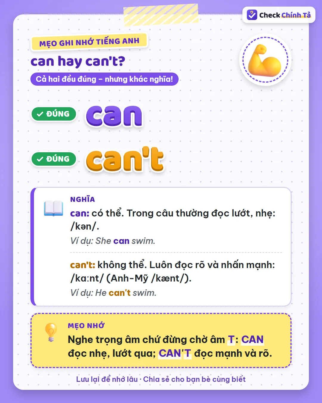 Mẹo ghi nhớ: nghe trọng âm chứ đừng chờ âm T; can đọc nhẹ, lướt qua, can't đọc mạnh và rõ.