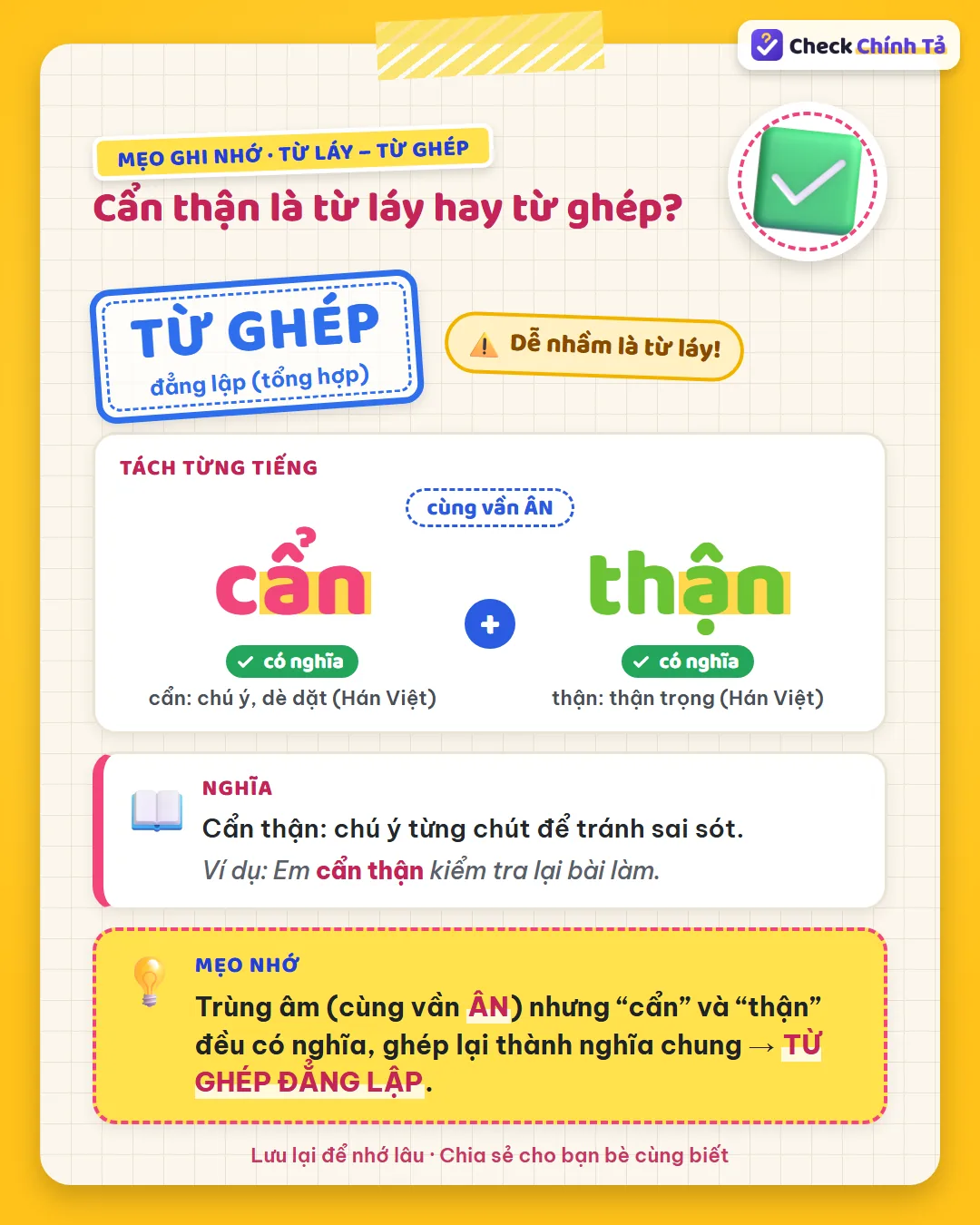 Mẹo ghi nhớ: cẩn thận cùng vần ÂN nhưng “cẩn” và “thận” đều có nghĩa (Hán Việt) nên là từ ghép đẳng lập.