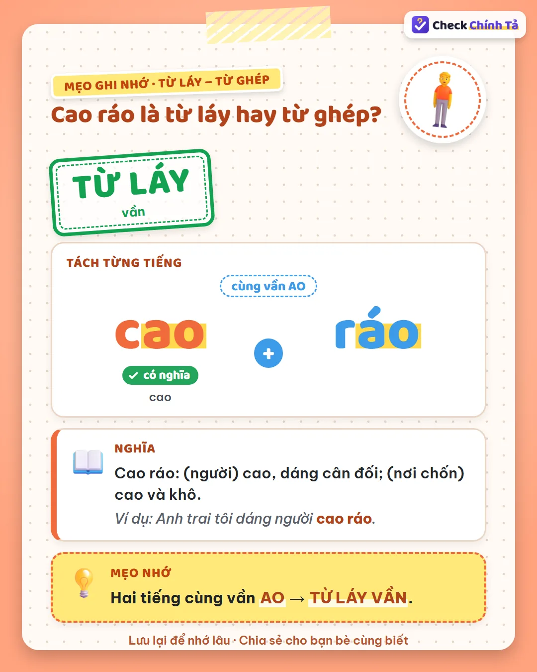 Mẹo ghi nhớ: cao ráo có hai tiếng cùng vần AO, nghĩa chính ở “cao” nên là từ láy vần.