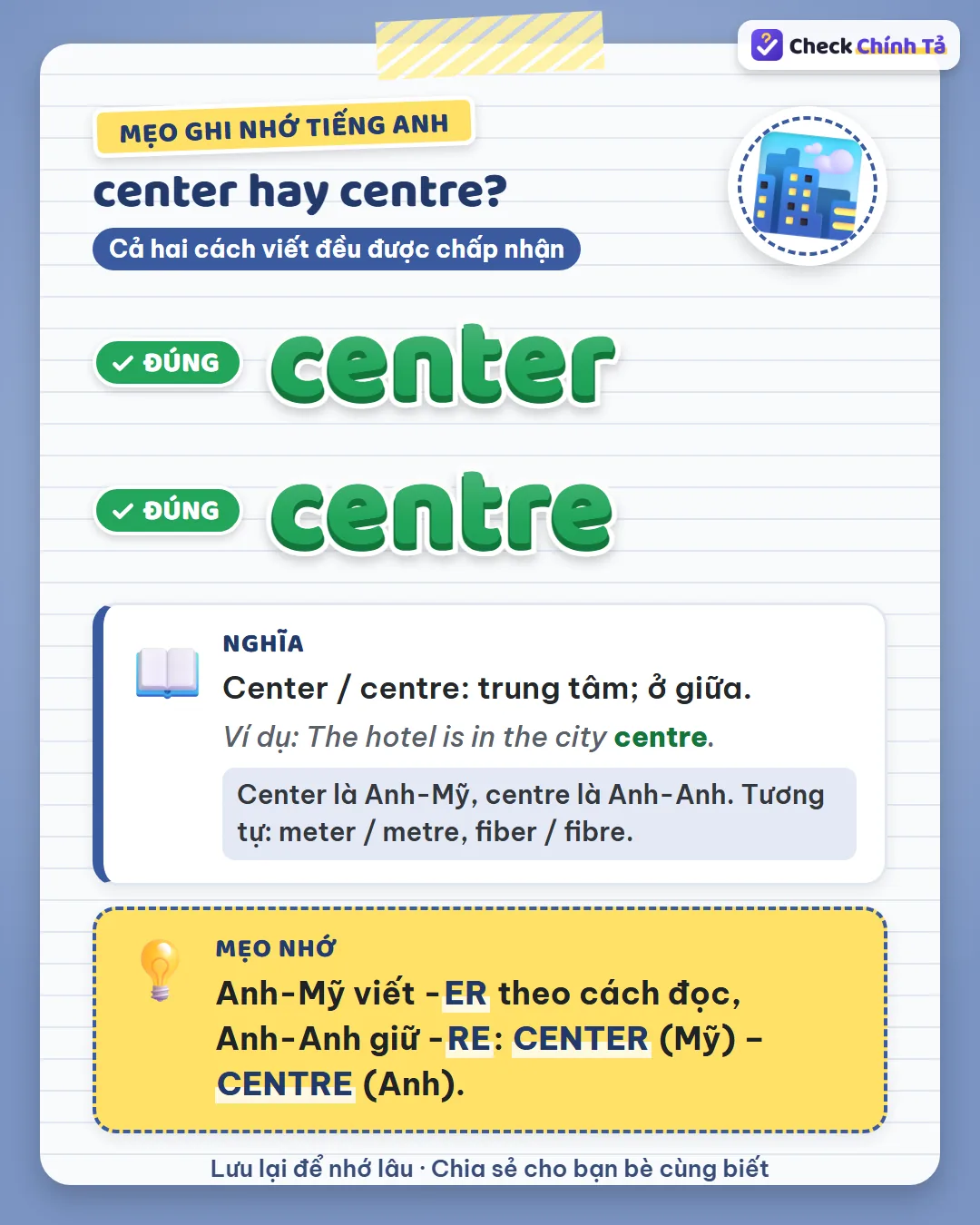 Mẹo ghi nhớ: Anh-Mỹ viết -er theo cách đọc, Anh-Anh giữ -re: center (Mỹ) – centre (Anh).