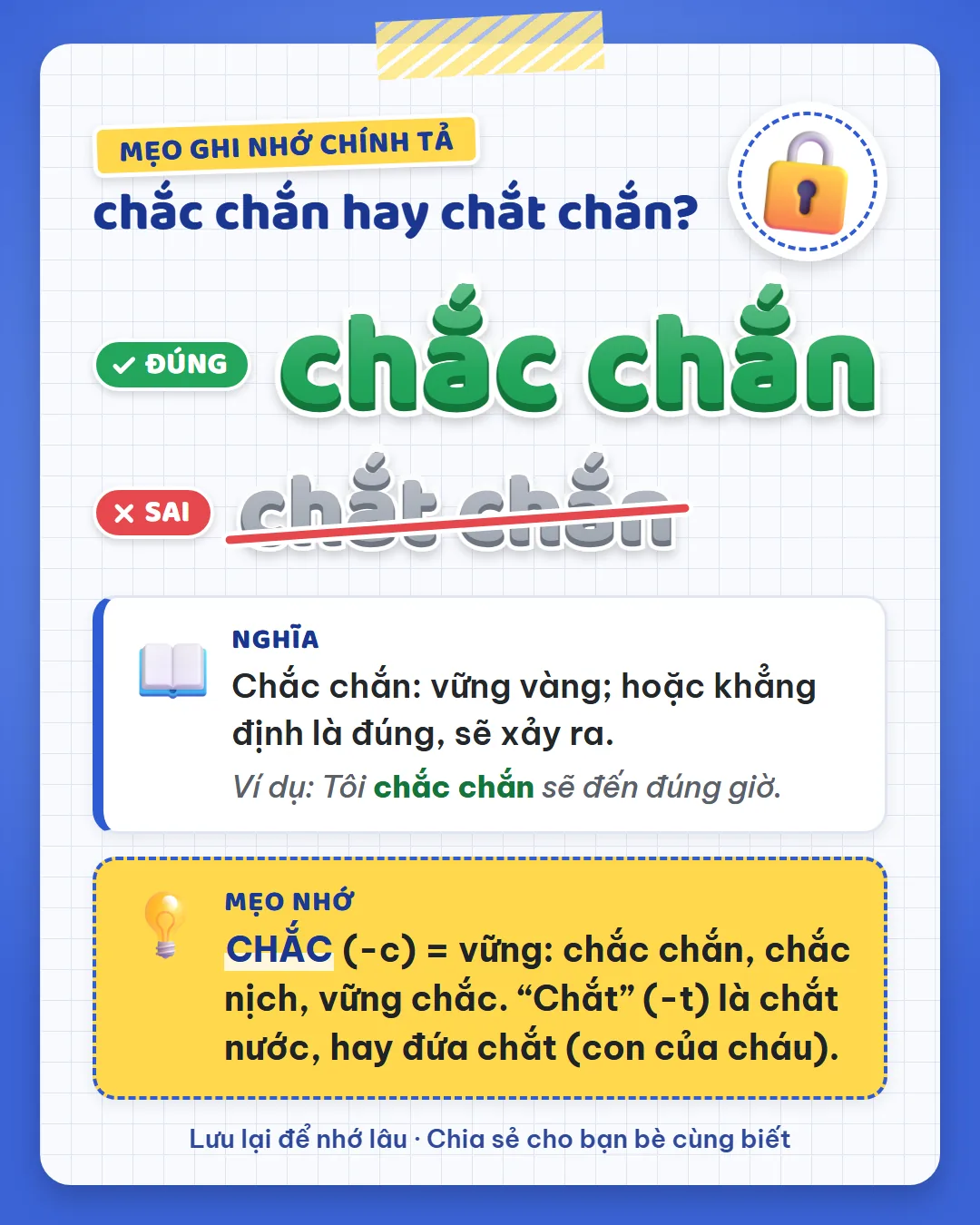 Mẹo ghi nhớ: chắc có C là vững như chắc chắn, chắc nịch, vững chắc. Chắt có T là chắt nước, hay đứa chắt, con của cháu.