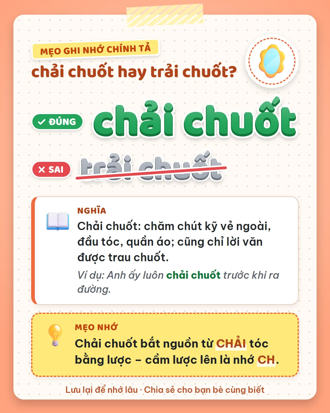 Mẹo ghi nhớ: chải chuốt bắt nguồn từ chải tóc bằng lược, cầm lược lên là nhớ CH.