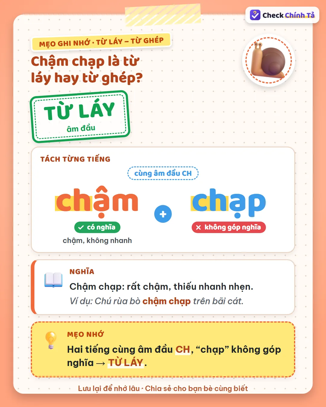 Mẹo ghi nhớ: chậm chạp có hai tiếng cùng âm đầu CH, “chạp” không góp nghĩa nên là từ láy âm đầu.