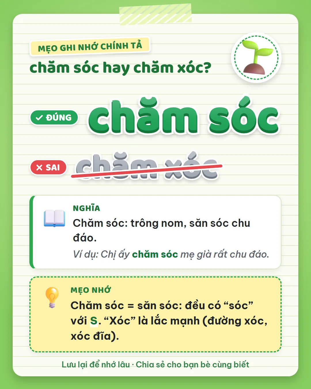Mẹo ghi nhớ: chăm sóc giống săn sóc, đều có sóc chữ S. Còn xóc là lắc mạnh, như đường xóc.