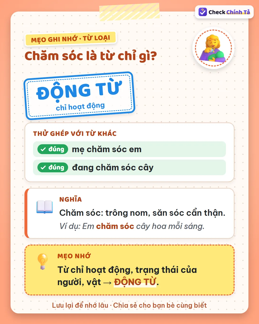 Mẹo ghi nhớ: “mẹ chăm sóc em”, “đang chăm sóc cây” có người, vật đi kèm nên chăm sóc là động từ.