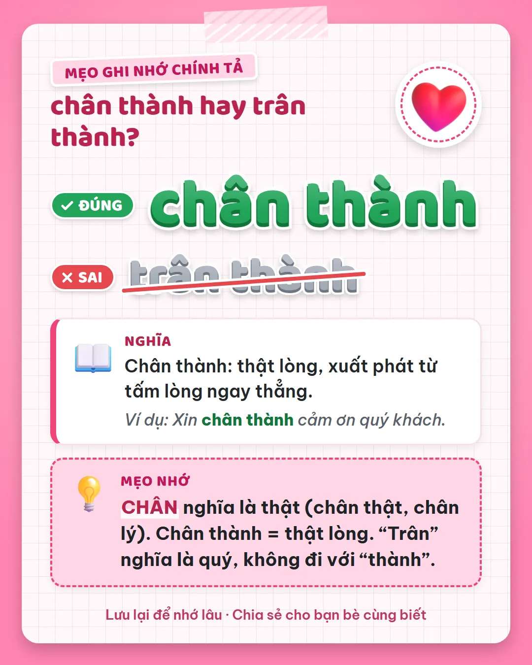 Mẹo ghi nhớ: chân là thật, như chân thật. Chân thành là thật lòng; trân là quý, không đi với thành.