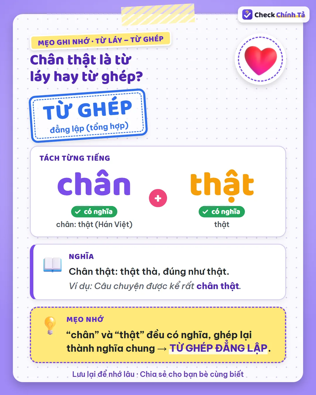 Mẹo ghi nhớ: “chân” (thật, Hán Việt) và “thật” đều có nghĩa nên chân thật là từ ghép đẳng lập.