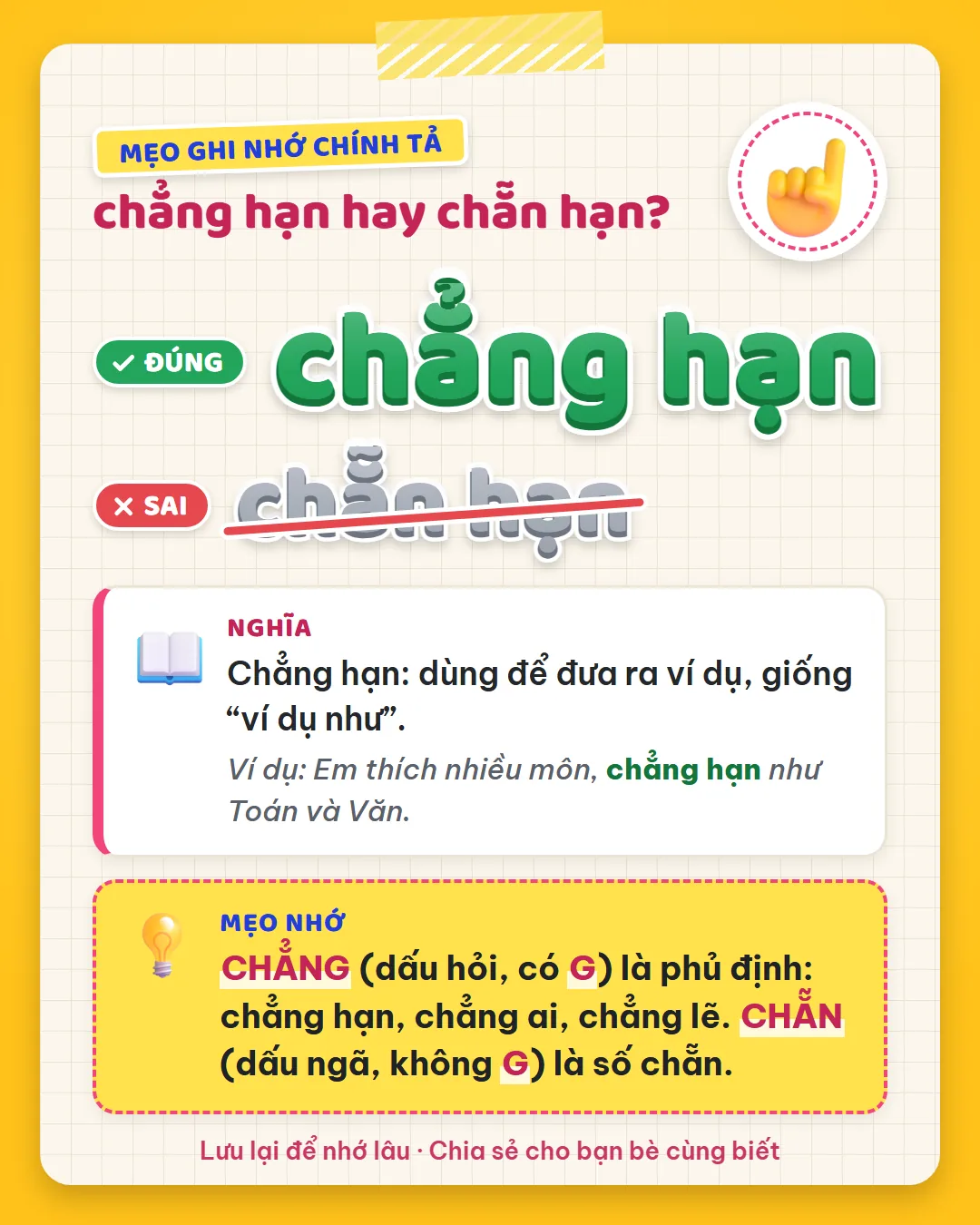 Mẹo ghi nhớ: chẳng dấu hỏi, có G là phủ định như chẳng hạn, chẳng ai, chẳng lẽ. Chẵn dấu ngã, không G là số chẵn.