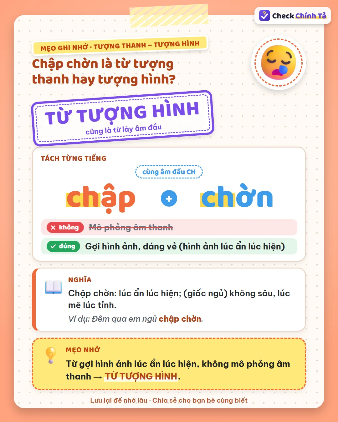 Mẹo ghi nhớ: chập chờn gợi hình ảnh lúc ẩn lúc hiện, không mô phỏng âm thanh nên là từ tượng hình.