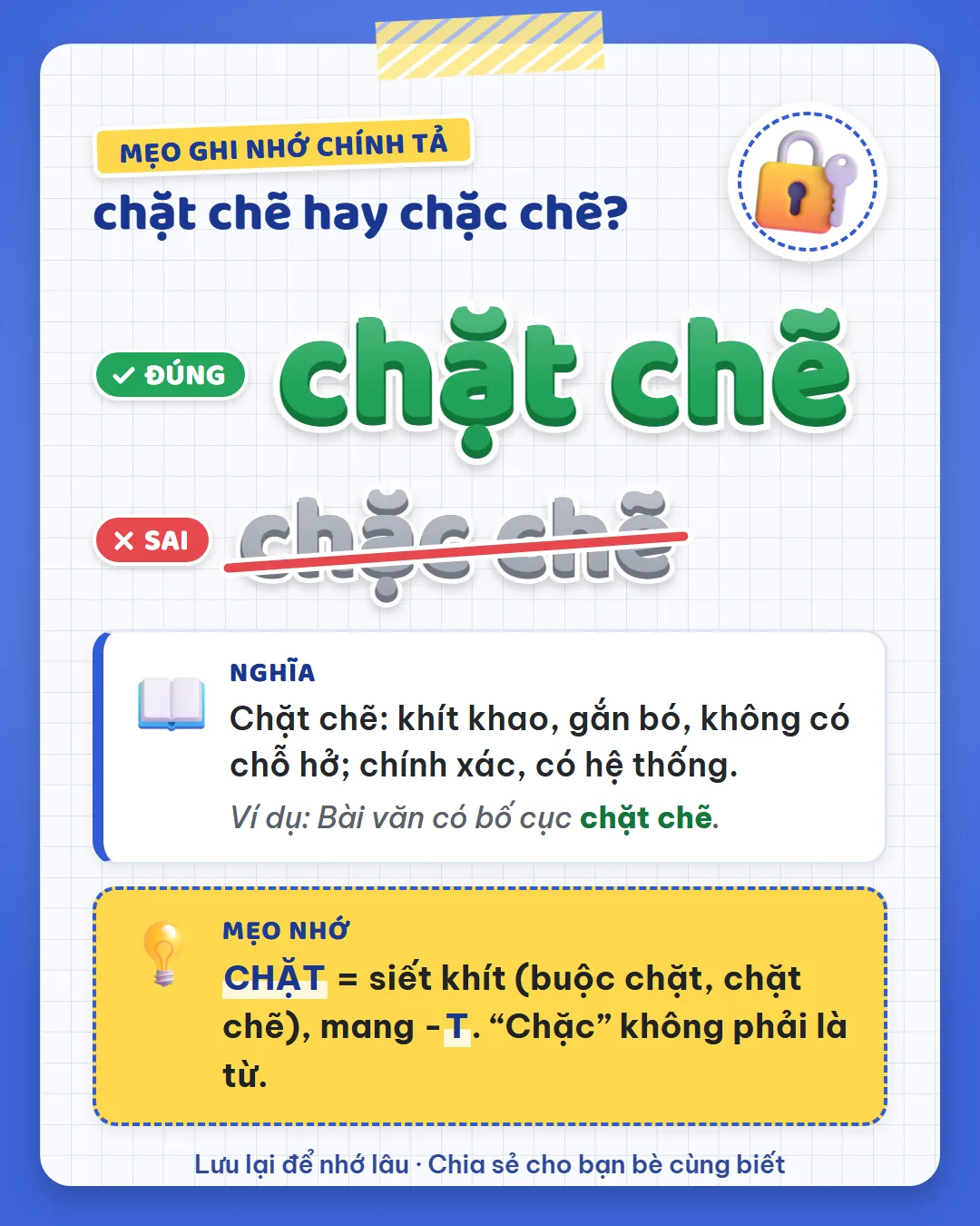 Mẹo ghi nhớ: chặt là siết khít như buộc chặt, nắm chặt, mang âm cuối -t. Chặc không phải là từ.