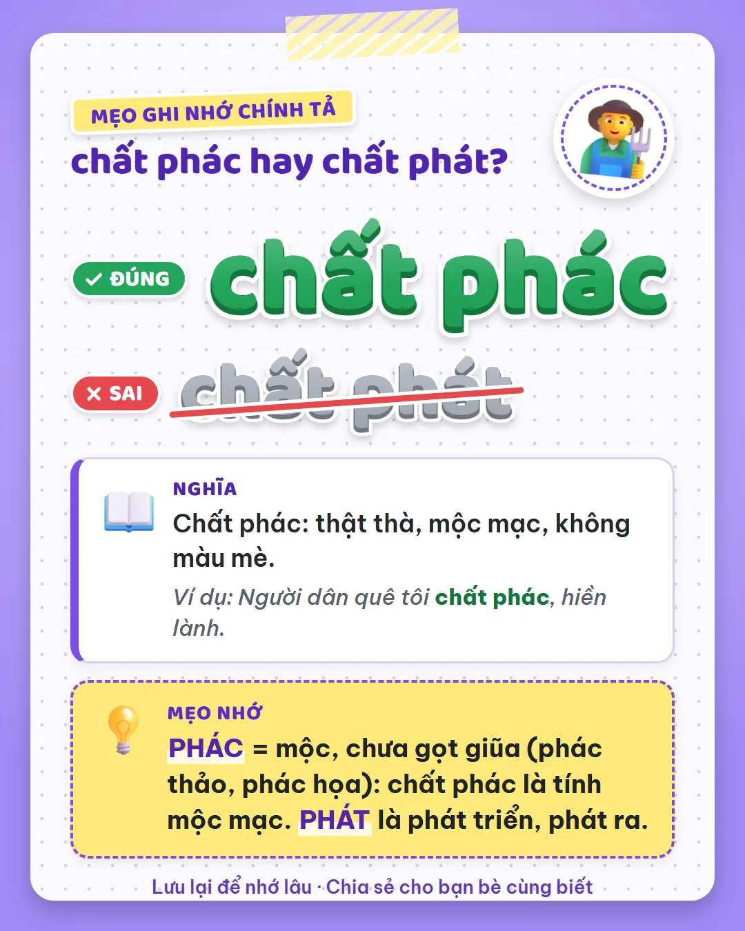 Mẹo ghi nhớ: phác là mộc, chưa gọt giũa như phác thảo, nên chất phác là mộc mạc. Phát là phát triển.
