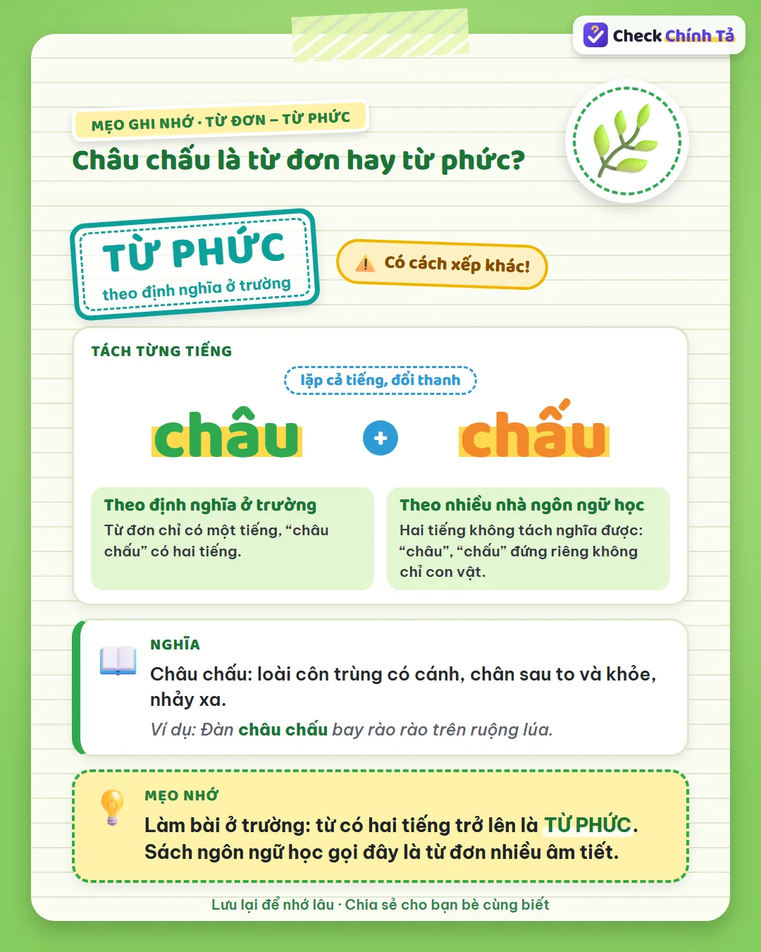 Mẹo ghi nhớ: châu chấu có hai tiếng nên ở trường là từ phức; sách ngôn ngữ học gọi là từ đơn nhiều âm tiết.