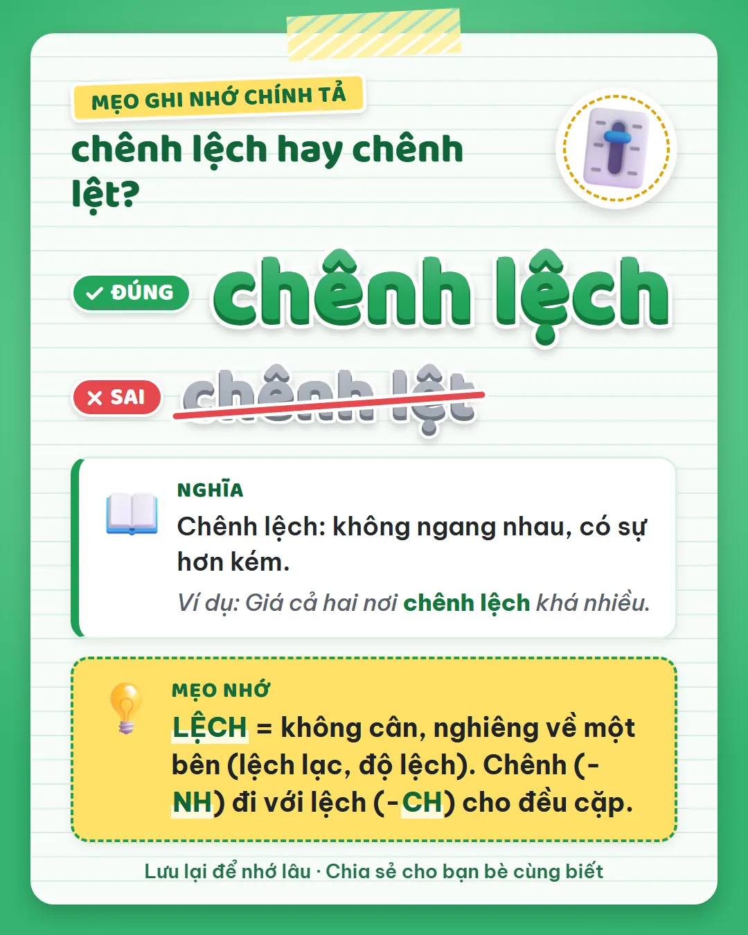Mẹo ghi nhớ: lệch là không cân, nghiêng một bên như lệch lạc. Chênh vần -nh đi với lệch vần -ch.