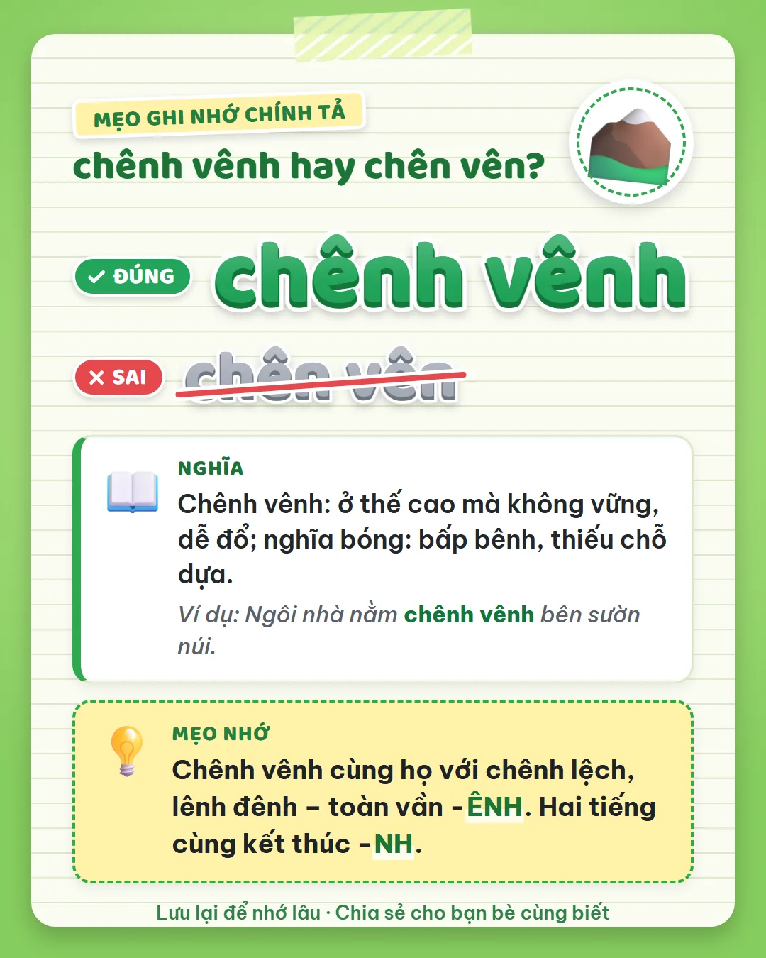 Mẹo ghi nhớ: chênh vênh cùng họ với chênh lệch, lênh đênh, toàn vần ênh. Hai tiếng cùng kết thúc NH.