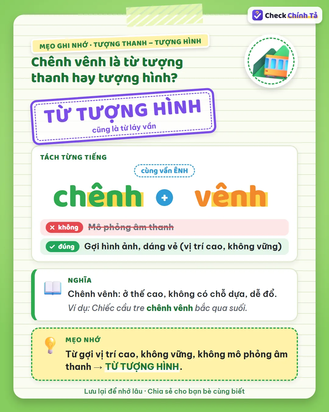 Mẹo ghi nhớ: chênh vênh gợi vị trí cao, không vững, không mô phỏng âm thanh nên là từ tượng hình.