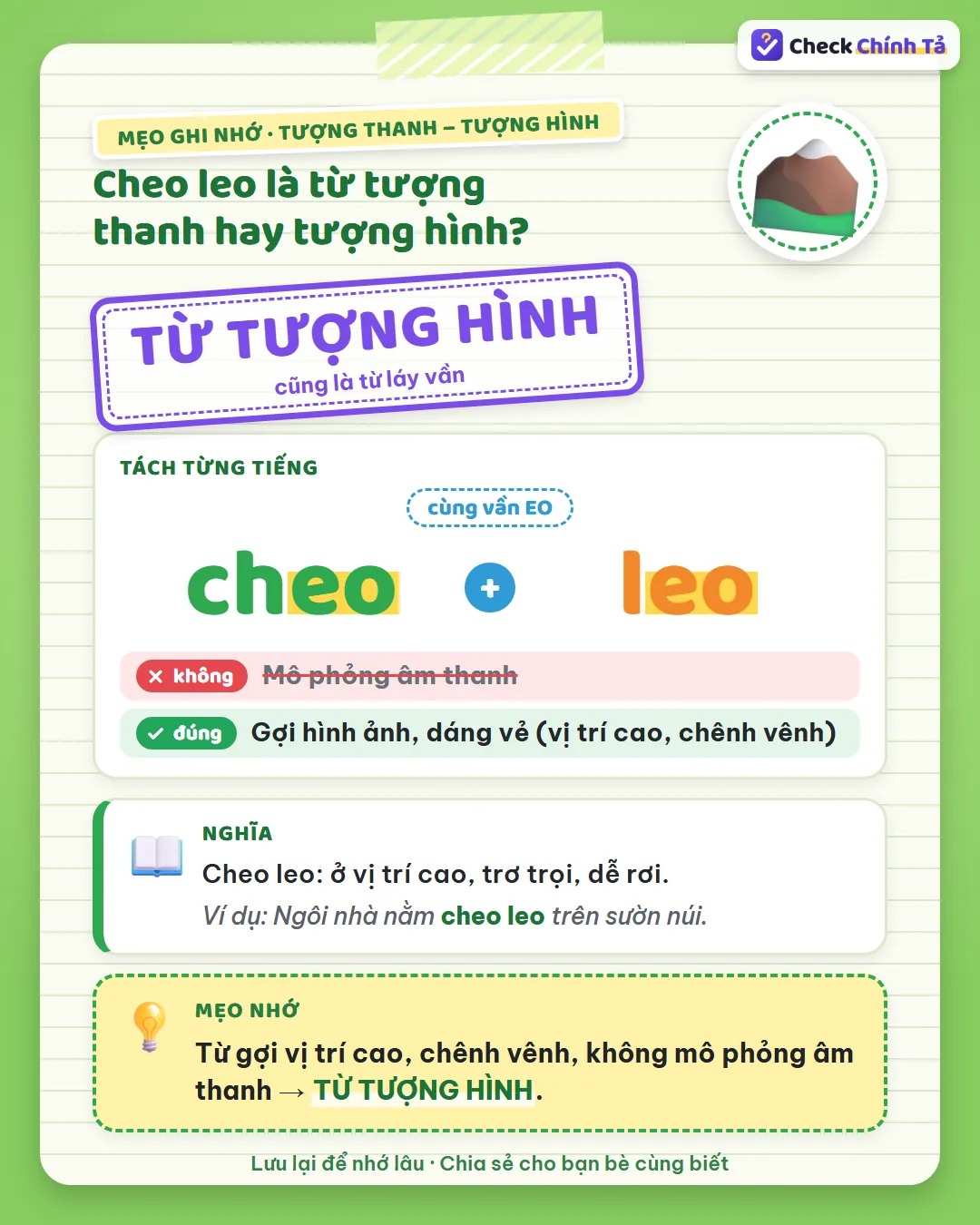 Mẹo ghi nhớ: cheo leo gợi vị trí cao, chênh vênh, không mô phỏng âm thanh nên là từ tượng hình.