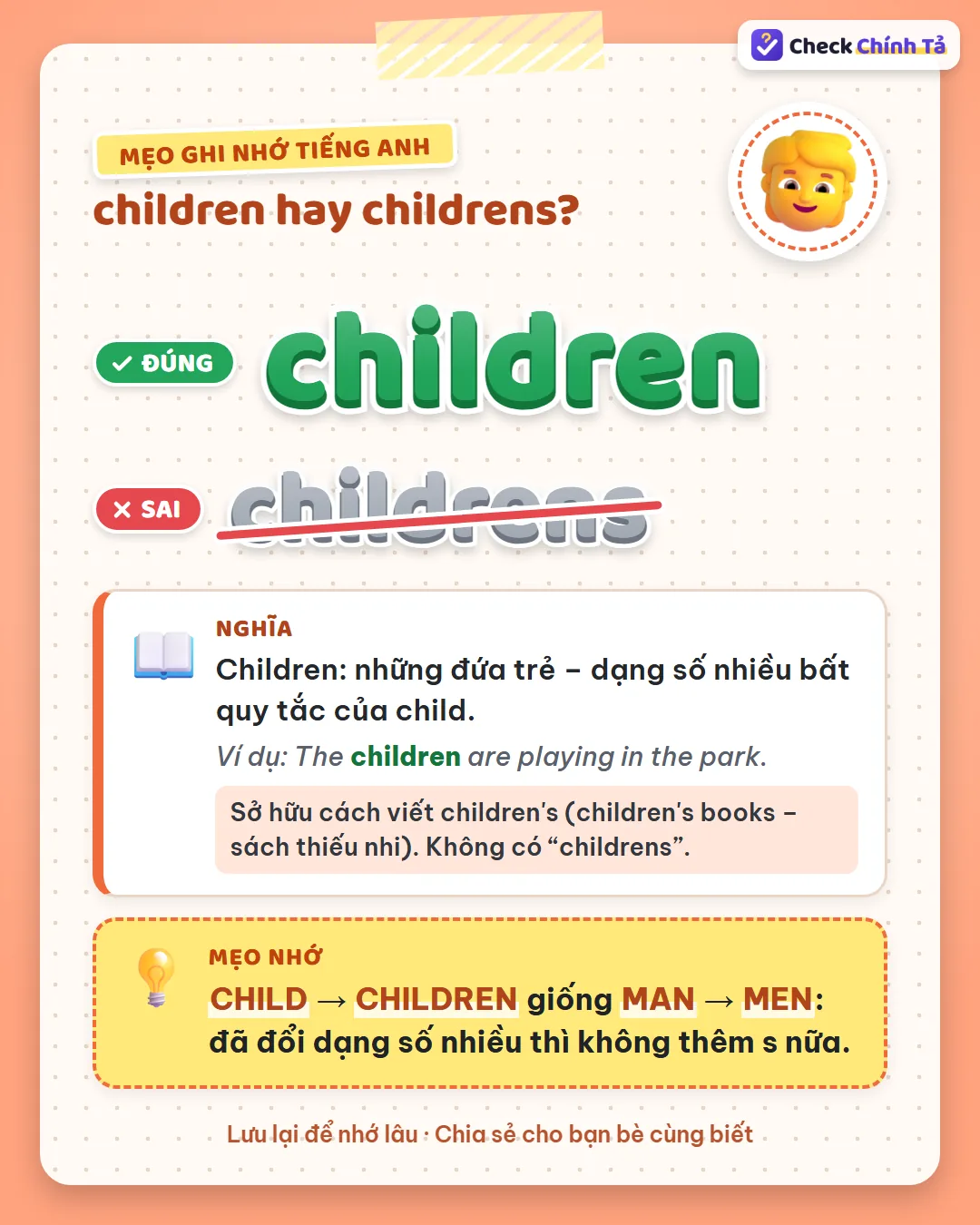 Mẹo ghi nhớ: child thành children giống man thành men, đã đổi dạng số nhiều thì không thêm s.