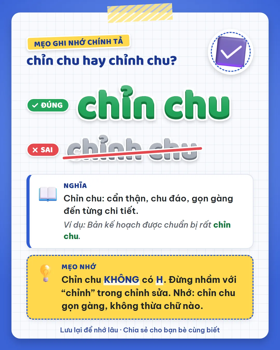 Mẹo ghi nhớ: chỉn chu không có H. Đừng nhầm với chỉnh trong chỉnh sửa; chỉn chu gọn gàng, không thừa chữ nào.