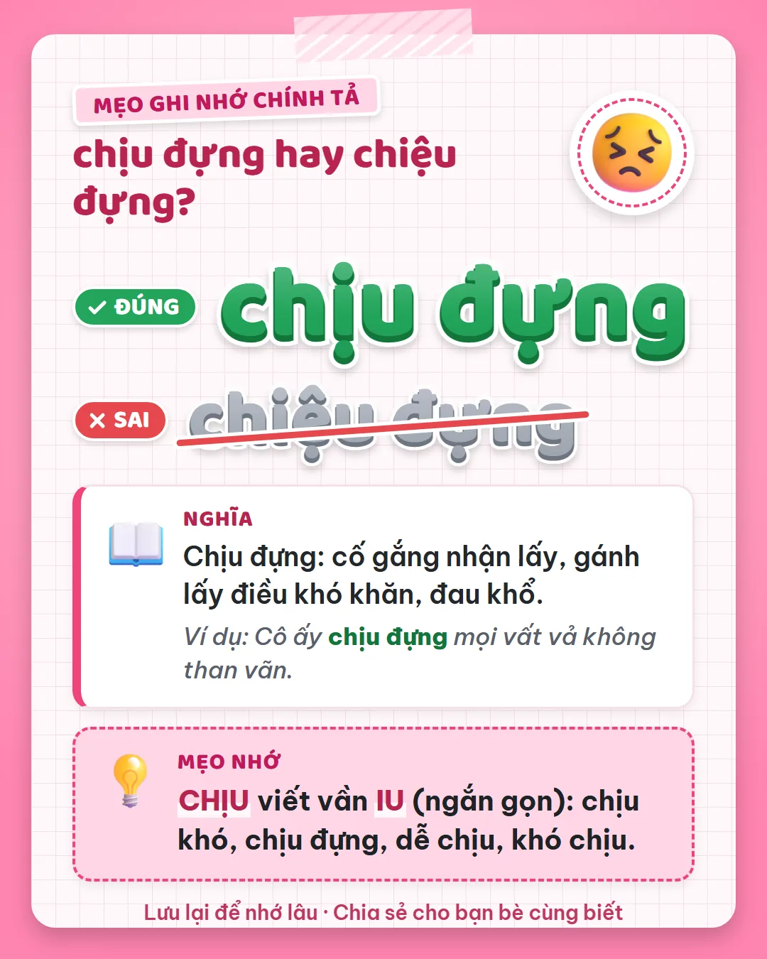 Mẹo ghi nhớ: chịu viết vần iu ngắn gọn như chịu khó, chịu đựng, dễ chịu, khó chịu.