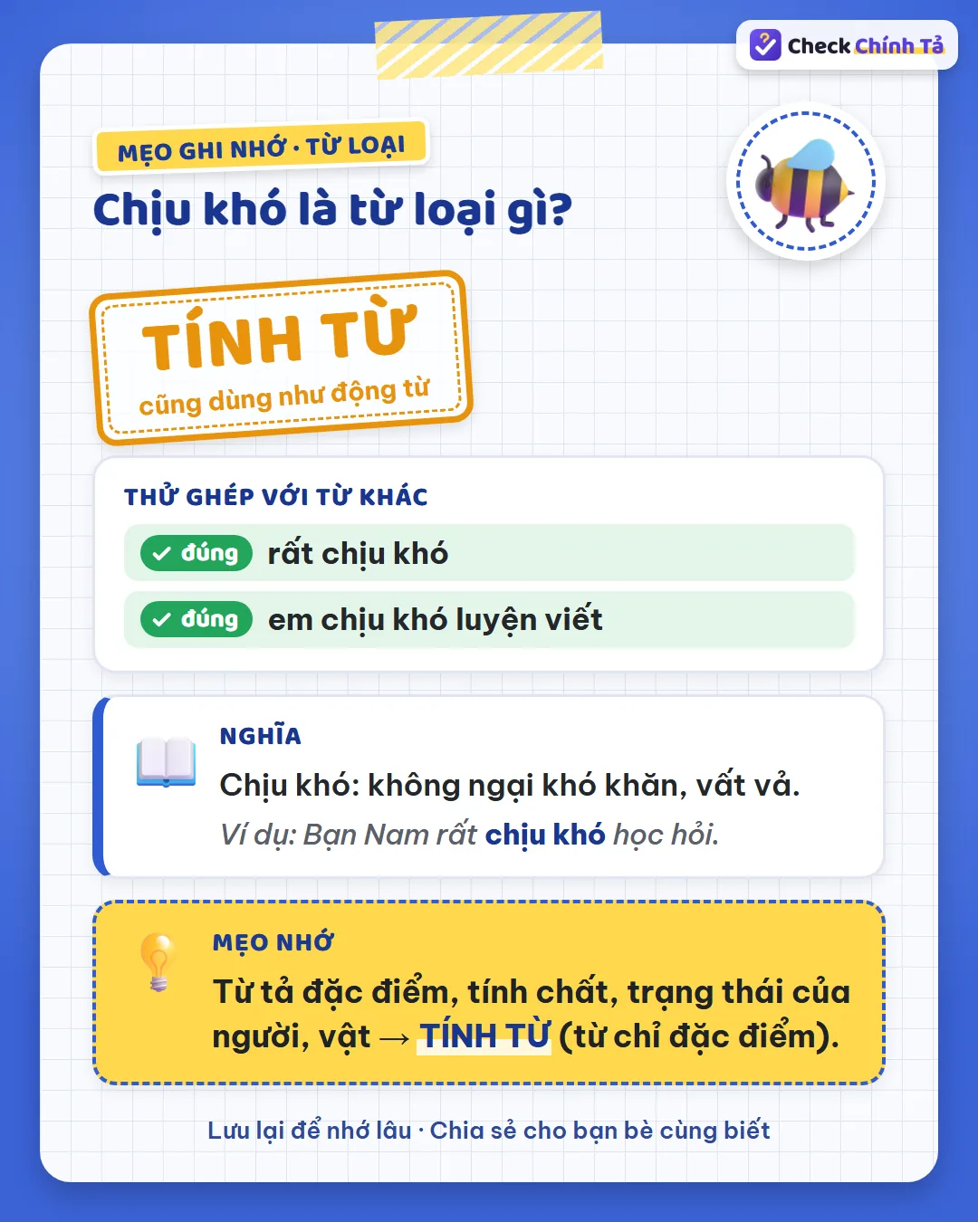 Mẹo ghi nhớ: “rất chịu khó” là tính từ; “chịu khó luyện viết” (cố gắng làm việc gì) là dùng như động từ.