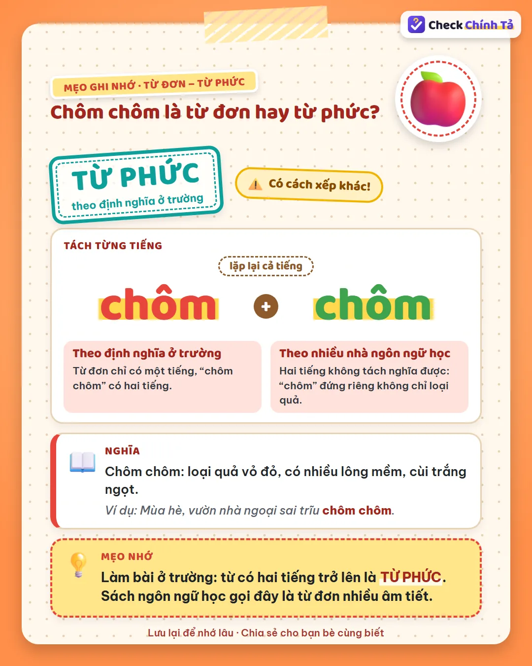 Mẹo ghi nhớ: chôm chôm có hai tiếng nên ở trường là từ phức; sách ngôn ngữ học gọi là từ đơn nhiều âm tiết.