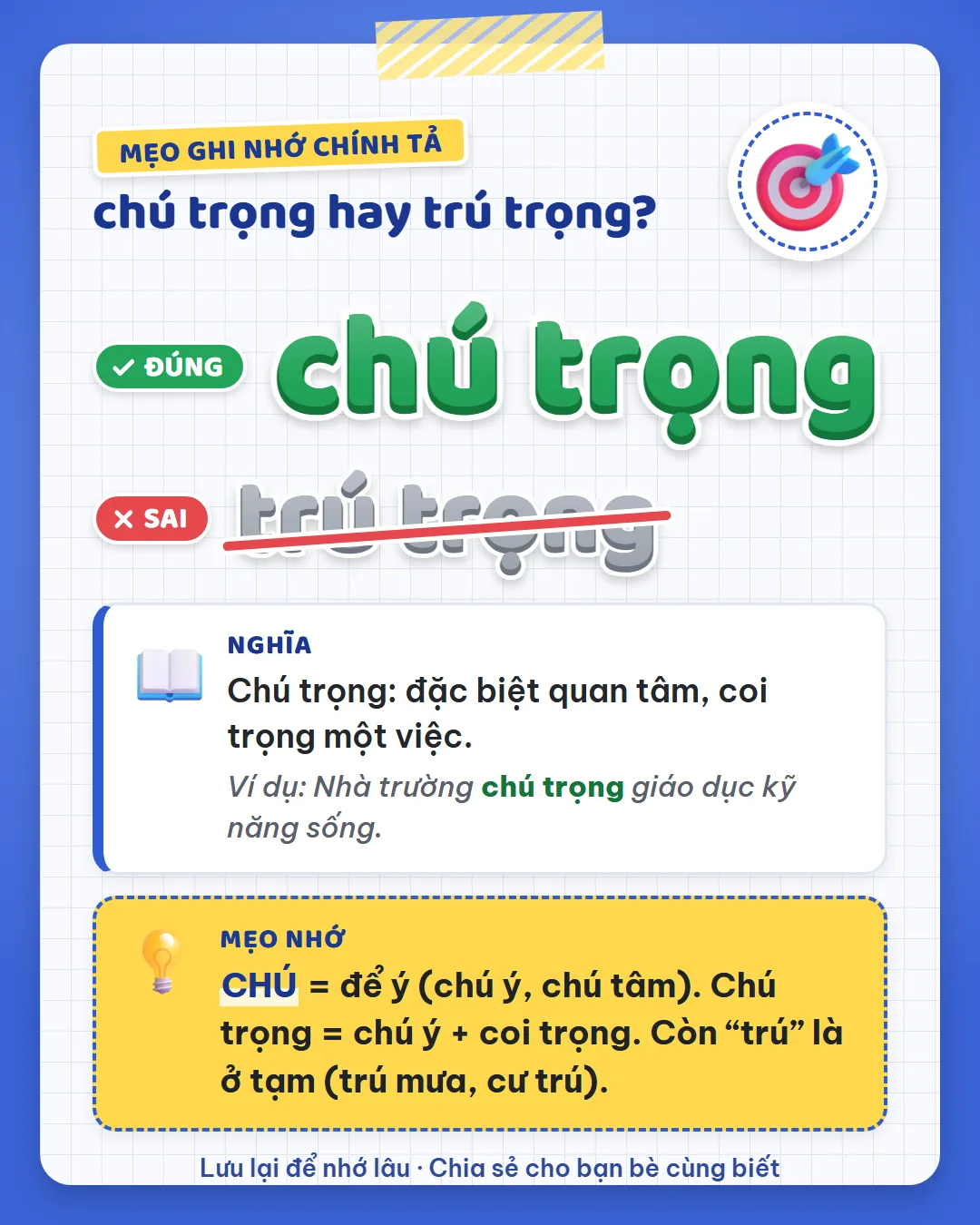Mẹo ghi nhớ: chú là để ý, như chú ý, chú tâm. Chú trọng là chú ý và coi trọng; trú là ở tạm.