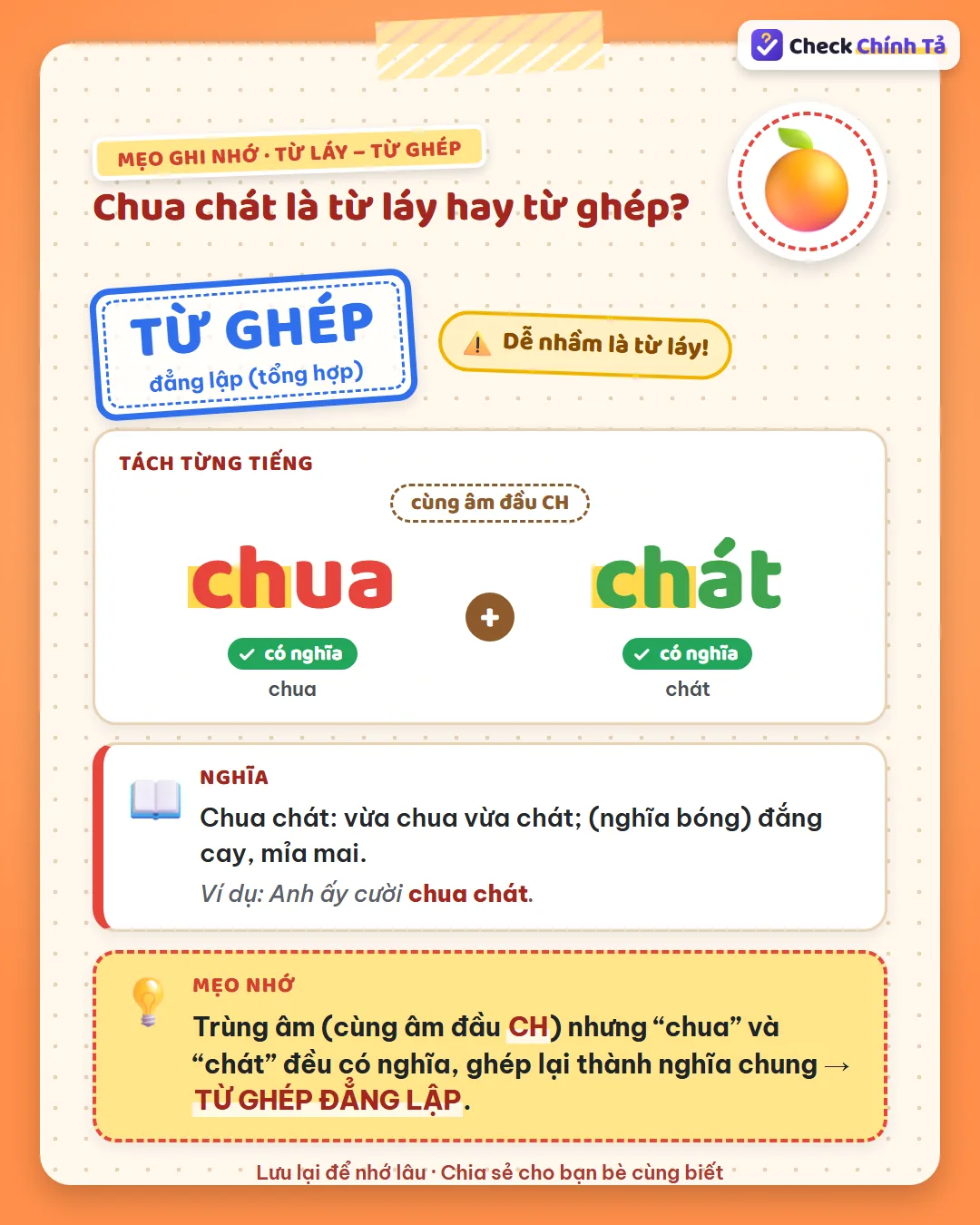 Mẹo ghi nhớ: chua chát trùng âm đầu CH nhưng “chua” và “chát” đều có nghĩa nên là từ ghép đẳng lập.