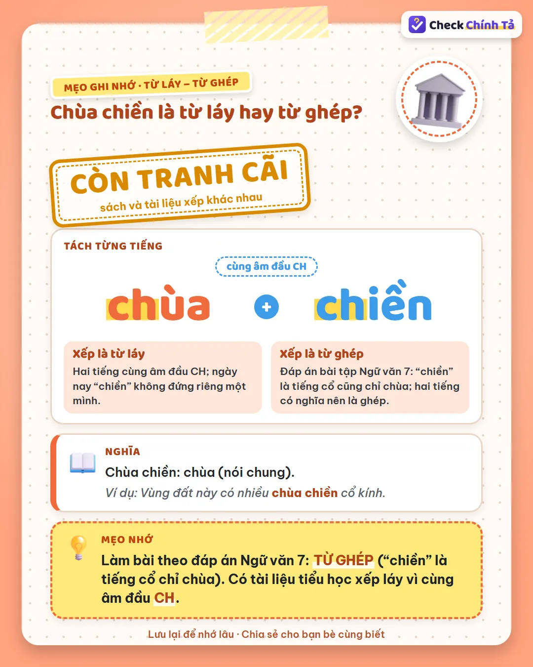 Mẹo ghi nhớ: theo đáp án Ngữ văn 7, chùa chiền là từ ghép vì “chiền” là tiếng cổ chỉ chùa; có tài liệu xếp láy.